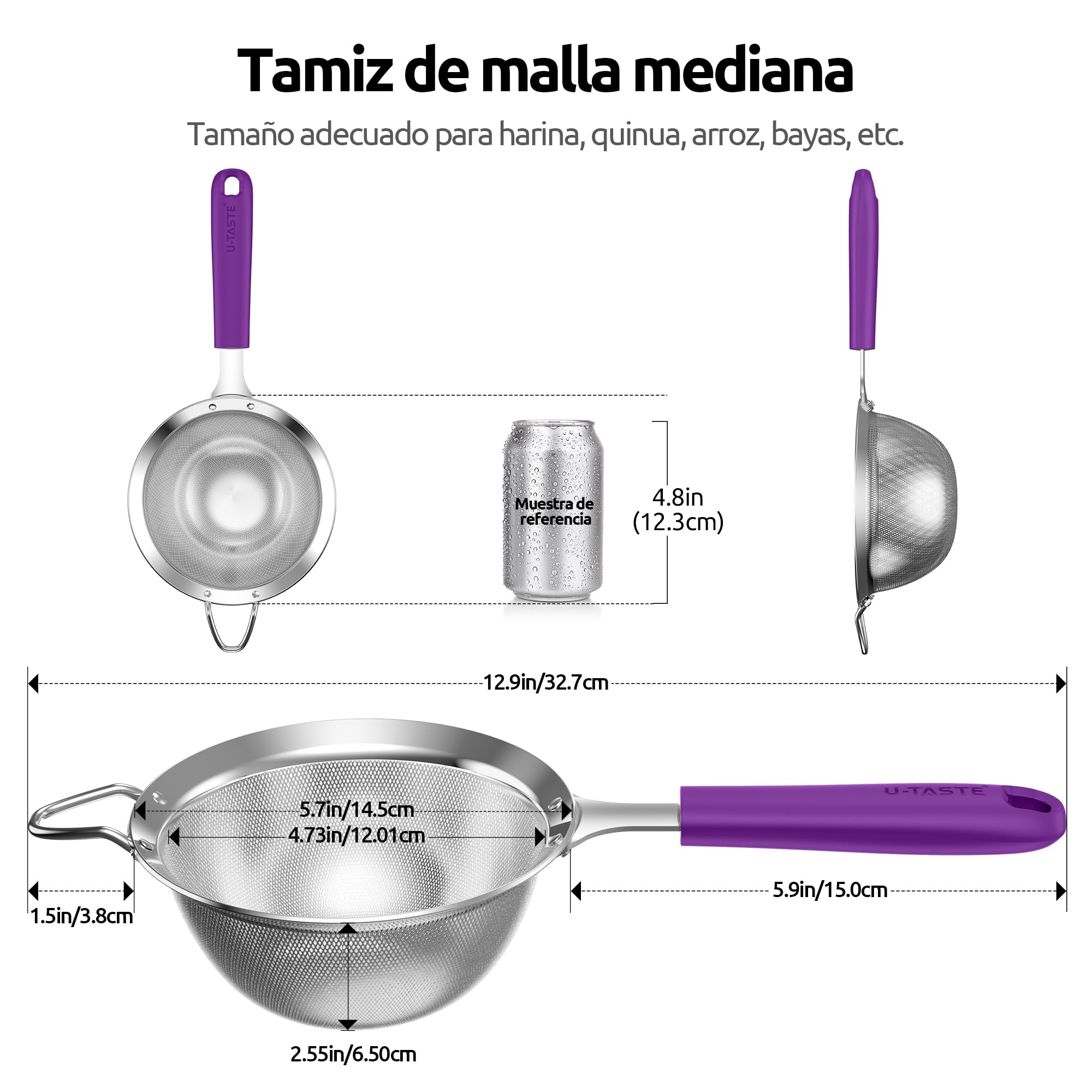 U-Taste Tamiz de malla fina mediana, colador cocina, acero 18/8, Morado | 12cm con mango de silicona resistente remachado, ideal para tamizar harina, colar té arroz quinua