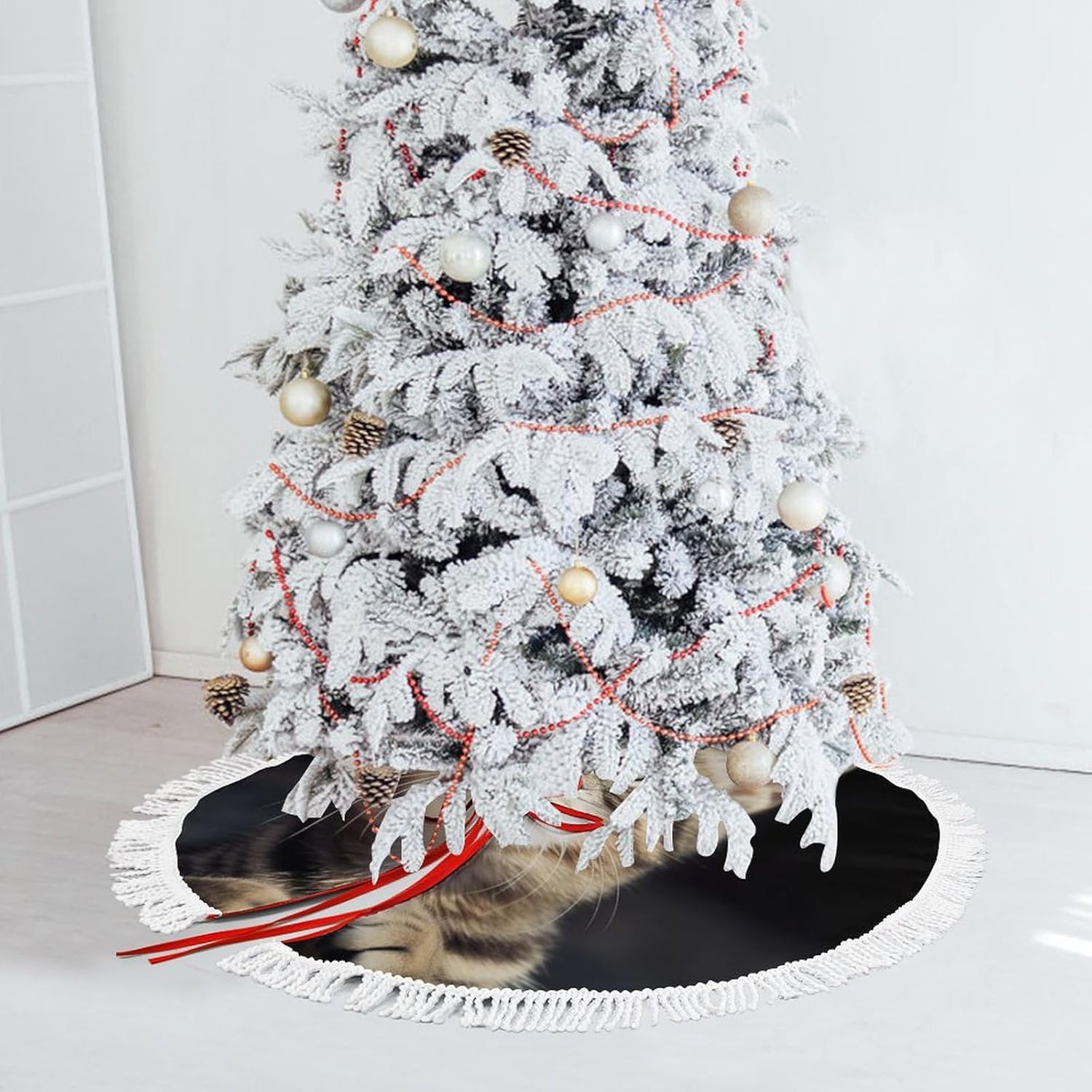 Cat Printed Christmas Tree Skirt, Multiple Sizes, Suitable for Christmas Party Christmas Tree Decorations, Holiday Indoor and Outdoor Decorations