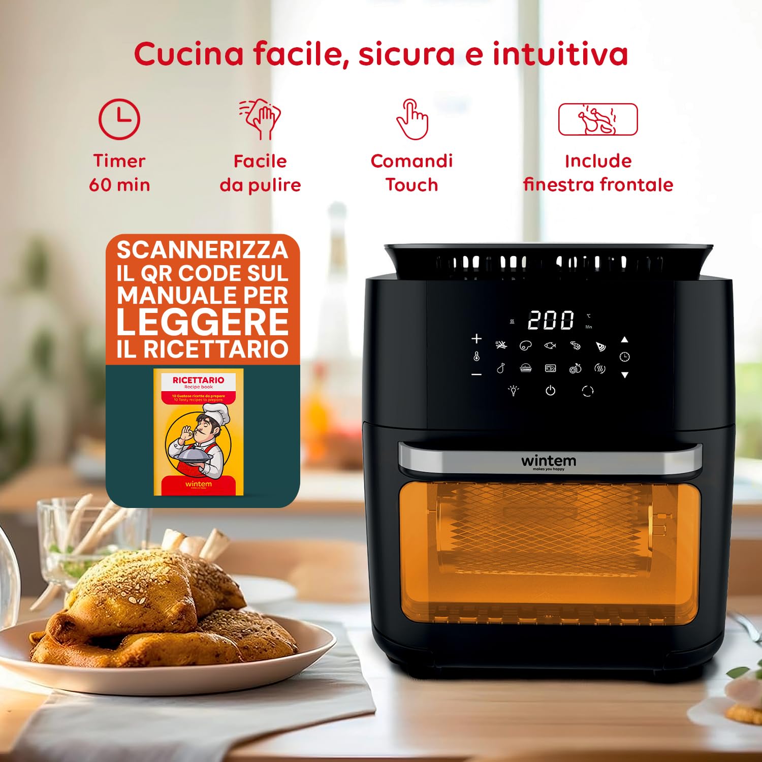 Avilia - TurboFry Friggitrice ad Aria XXL 12L con Display Touch, 12 Programmi, Accessori Inclusi e Ricettario per Cottura Senza Olio, Ideale per Grigliare, Arrostire e Cuocere in Modo Sano