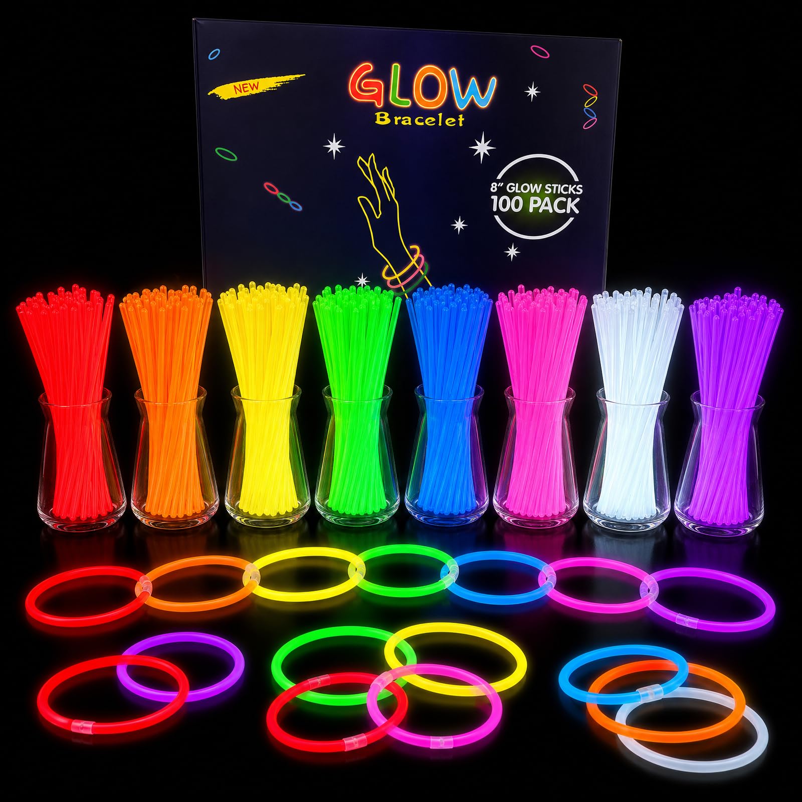 Boyfield Glow Sticks 100 Pcs Neon Bracelets for Kids & Adults (8 Colors)