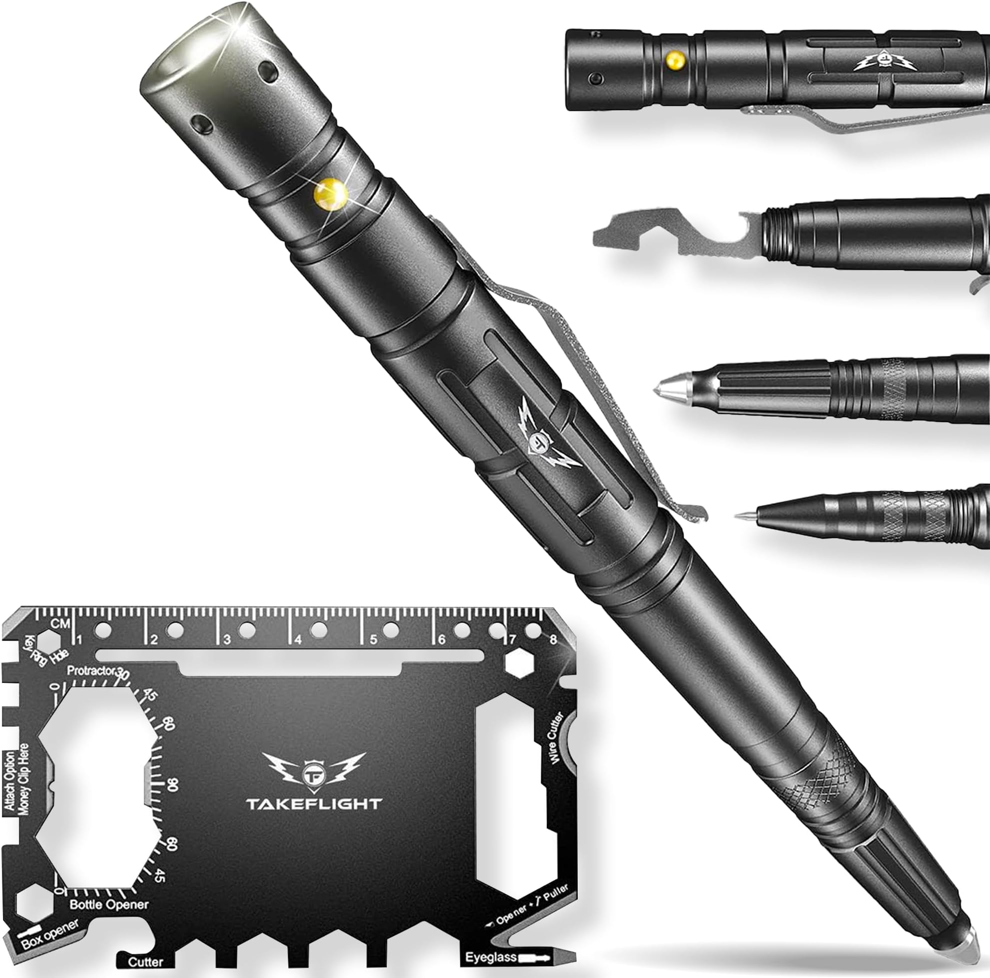 Tactical Pen – Self Defense Survival EDC Pen with LED Flashlight, Glass Breaker & Bottle Opener – Military Multitool Pen for Men & Women – Veteran-Owned TakeFlight – 2 Ink Refills + Extra Battery