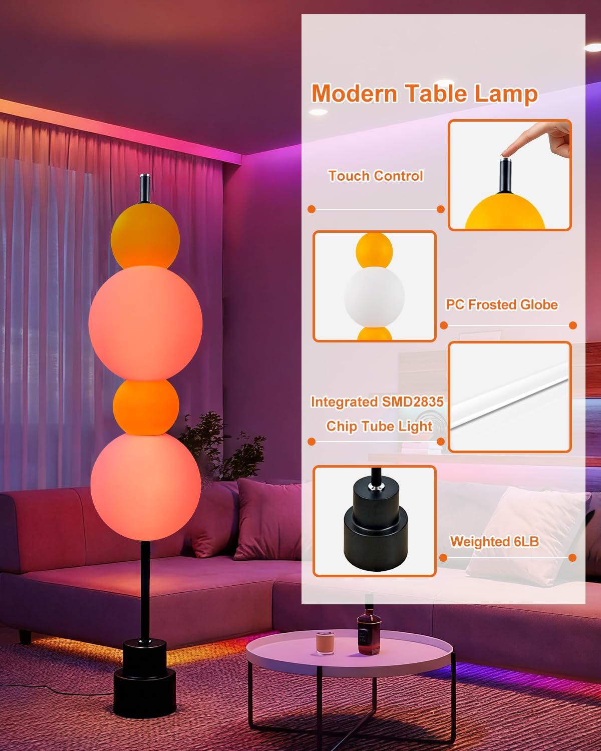 Lightdot RGB& 3000K Floor Lamp with Touch Control, Dimmable Colors Temperature, Globe Modern Floor Lamp with Smart Bulb Included, Yellow Standing Lamps for Living Room/Sofa Beside/Corner Decor