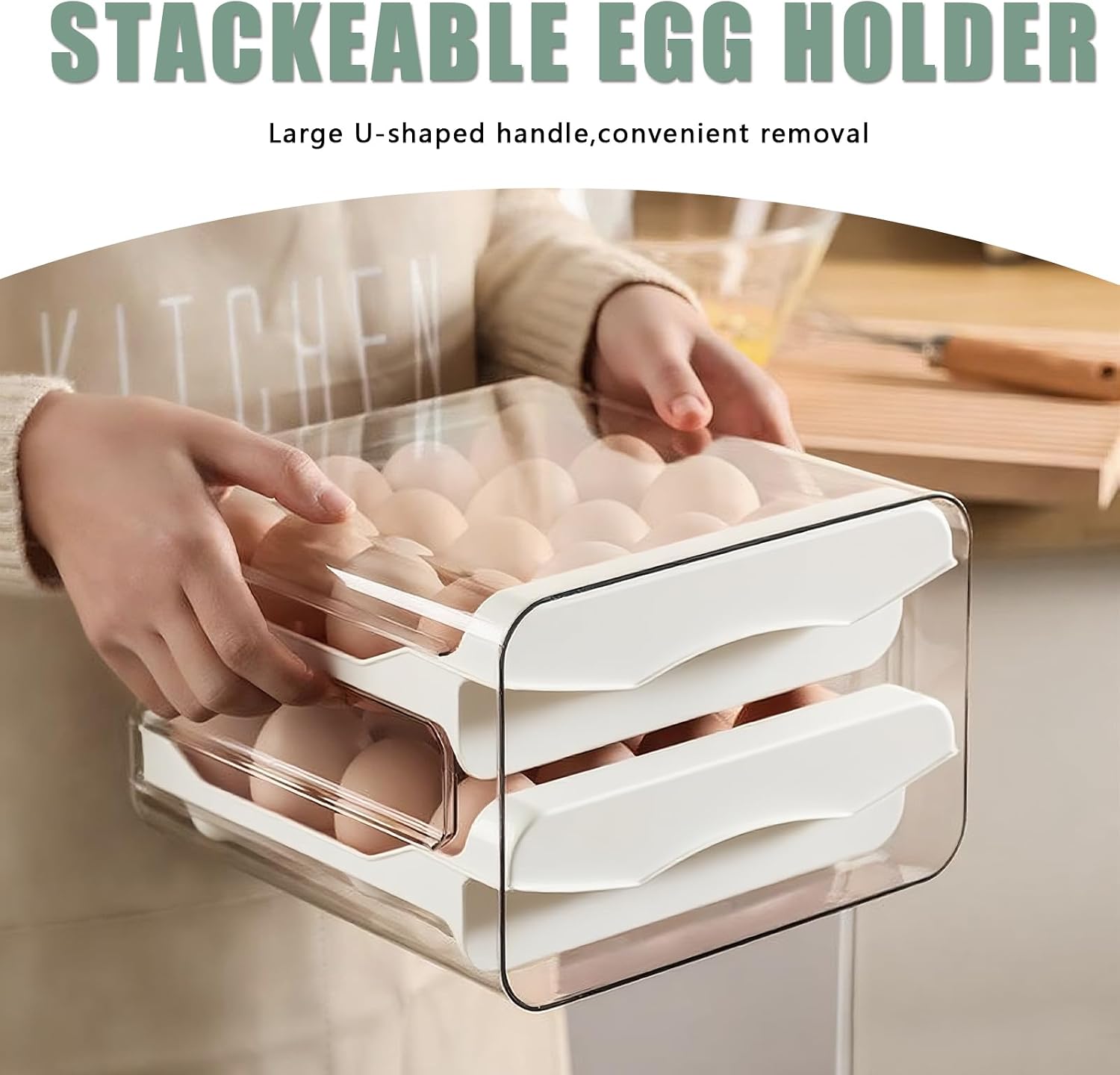 Refrigerator egg tray, refrigerator automatic box, 32 egg dispensers, double-layer transparent stackable refrigerator storage box, refrigerator storage box with handle (White)