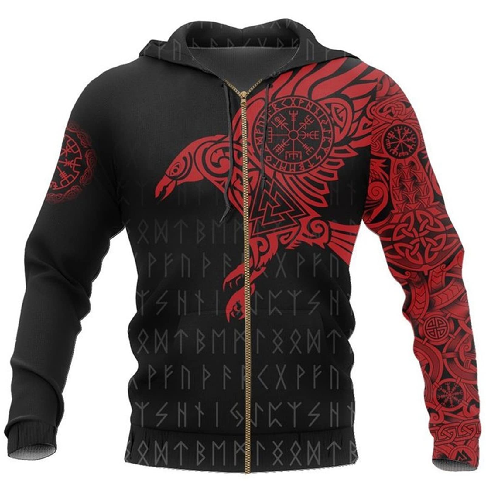 kewing Men's Viking Zip Hoodie Norse Mythology Viking Tattoos Printed Sweatshirt Unisex Zip Pullover Casual Cardigan Jacket with Pockets