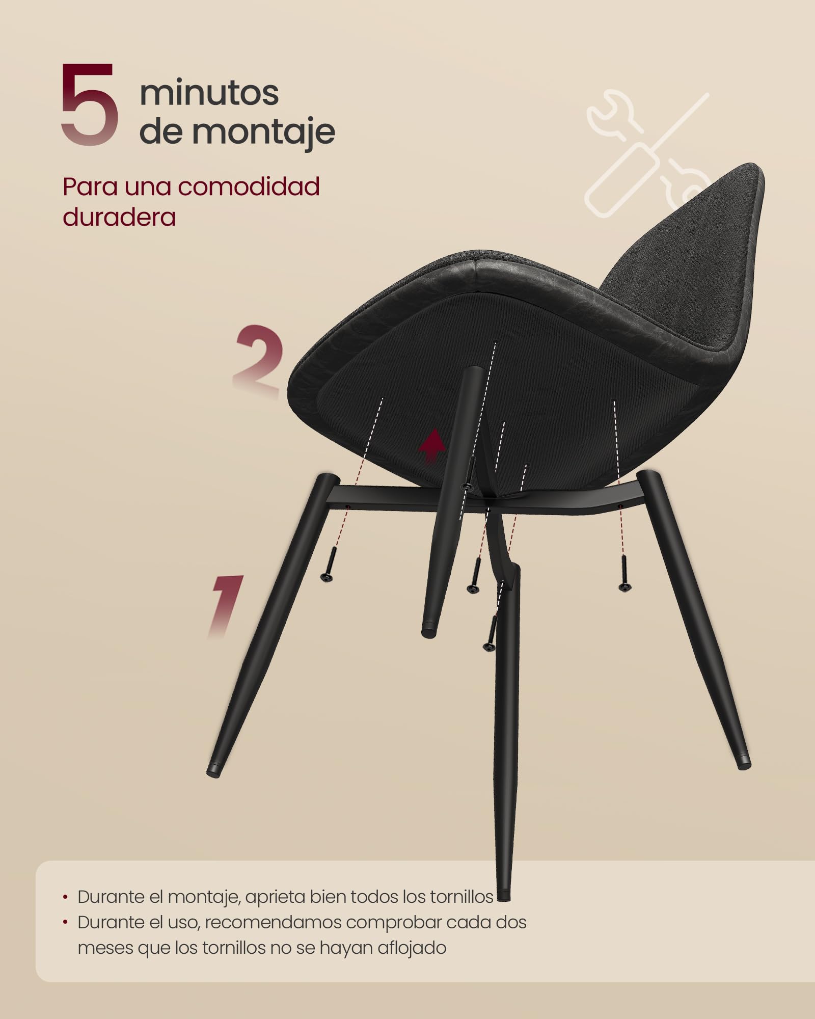 VASAGLE Sillas de Comedor, Juego de 2, Soporte de Metal, Pies Ajustables, Fácil Limpieza, Sillas de Cocina, Tejido de Chenilla, PU con Textura Brillante, Gris Pizarra KDC187G01 — view 7