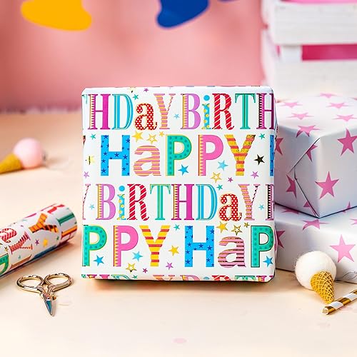 Miniatura 5 de Homeral Rollo de papel de regalo de cumpleaños, letras coloridas de feliz cumpleaños con brillo metálico y estrellas rosadas, envoltura de regalo