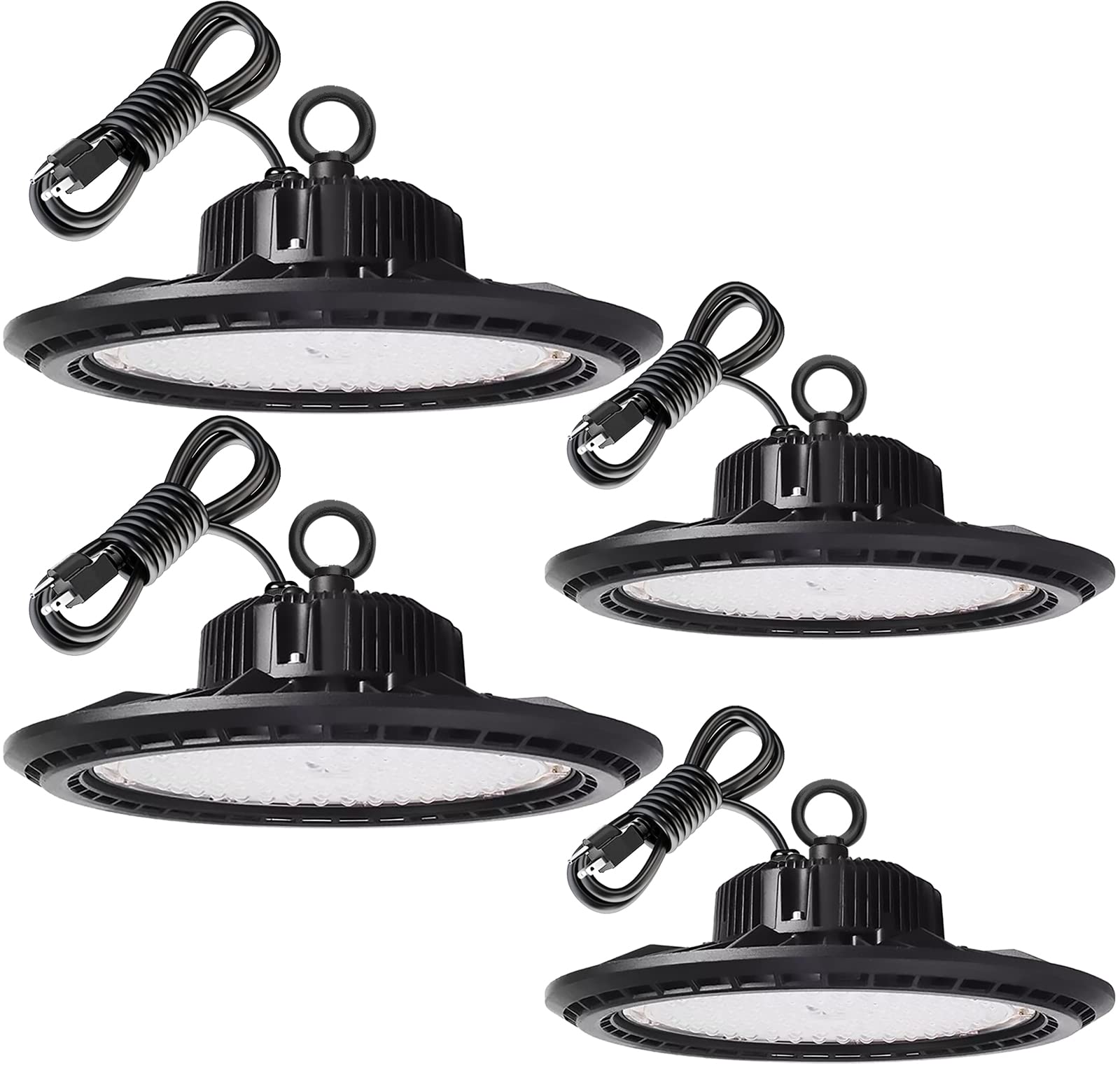 Photo 1 of 4 Pack 150W LED High Bay Light 21000lm High Bright Shop Light [600W MH/HPS Equiv.] IP65 Industrial Commercial Hanging Lights with US Plug in Cord for Workshop Barn Shop Garage Warehouse Lighting