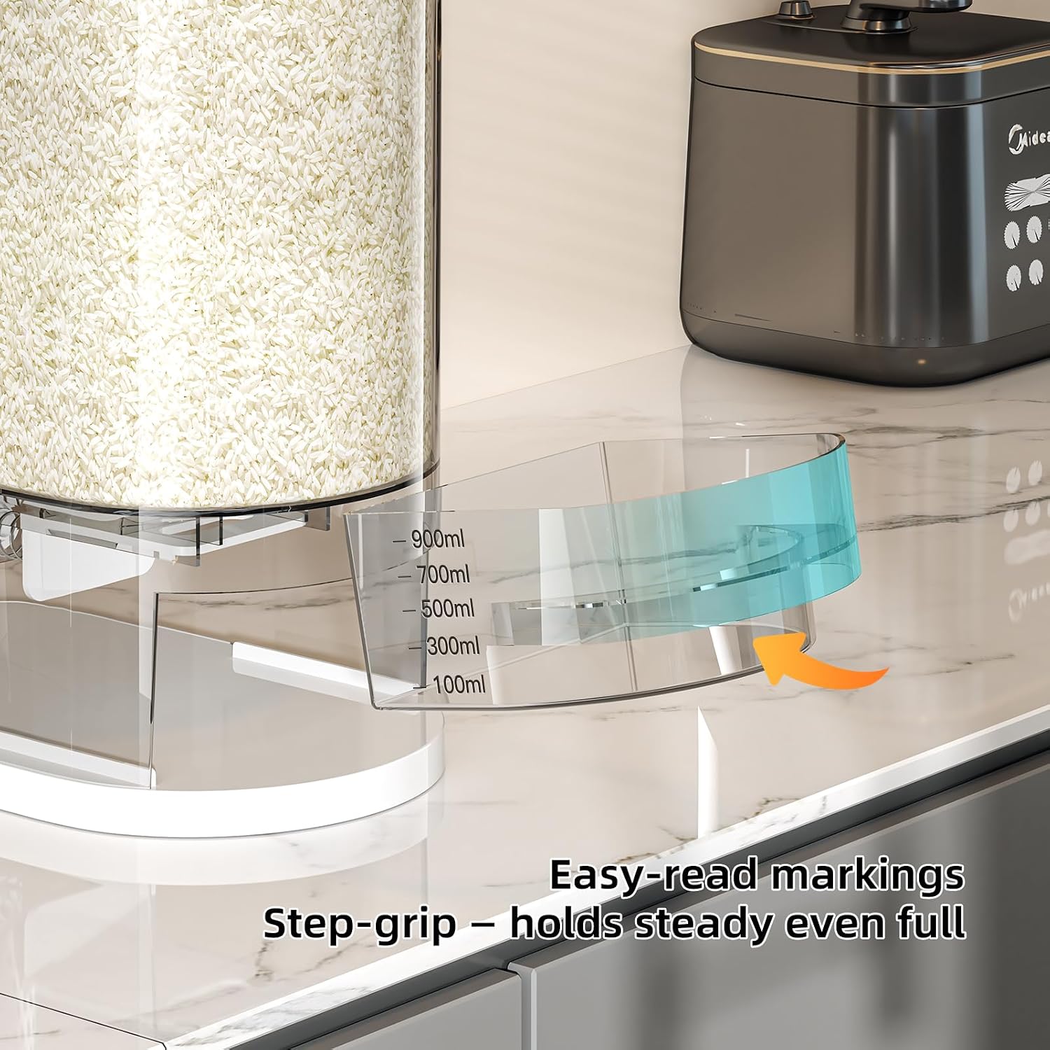 JOYZAN Large Rice Dispenser 22Lbs Clear Rice Storage Container with Measuring Cup and Built-in Fresh Box Cereal Dispenser for Countertop Kitchen Storage
