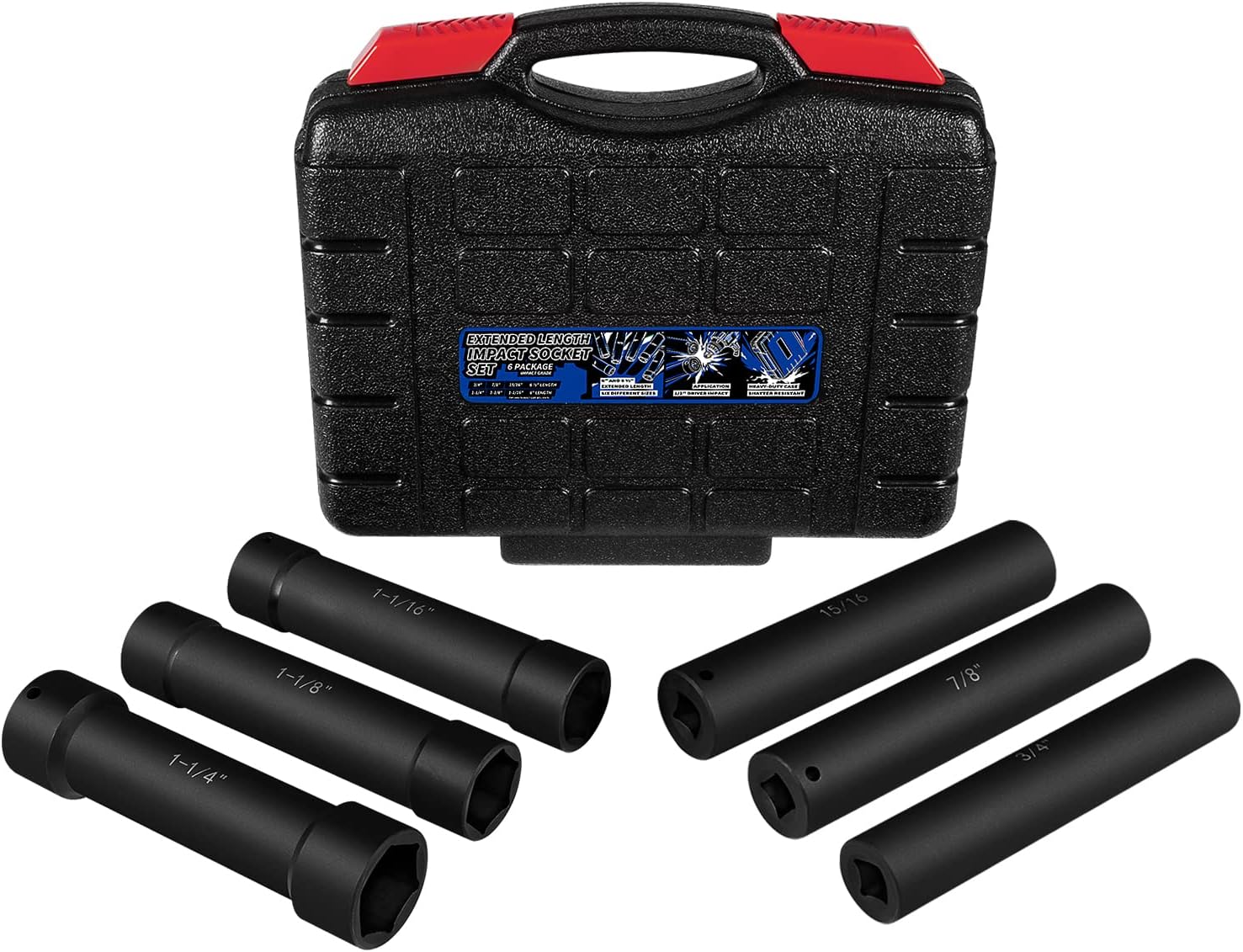 1/2 Inch Drive Heavy Duty Extended Length Extra-Deep Length Impact Socket Set with Storage Case, Including Sockets 3/4", 7/8", 15/16", 1-1/16", 1-1/8" & 1-1/4" (6PCS)