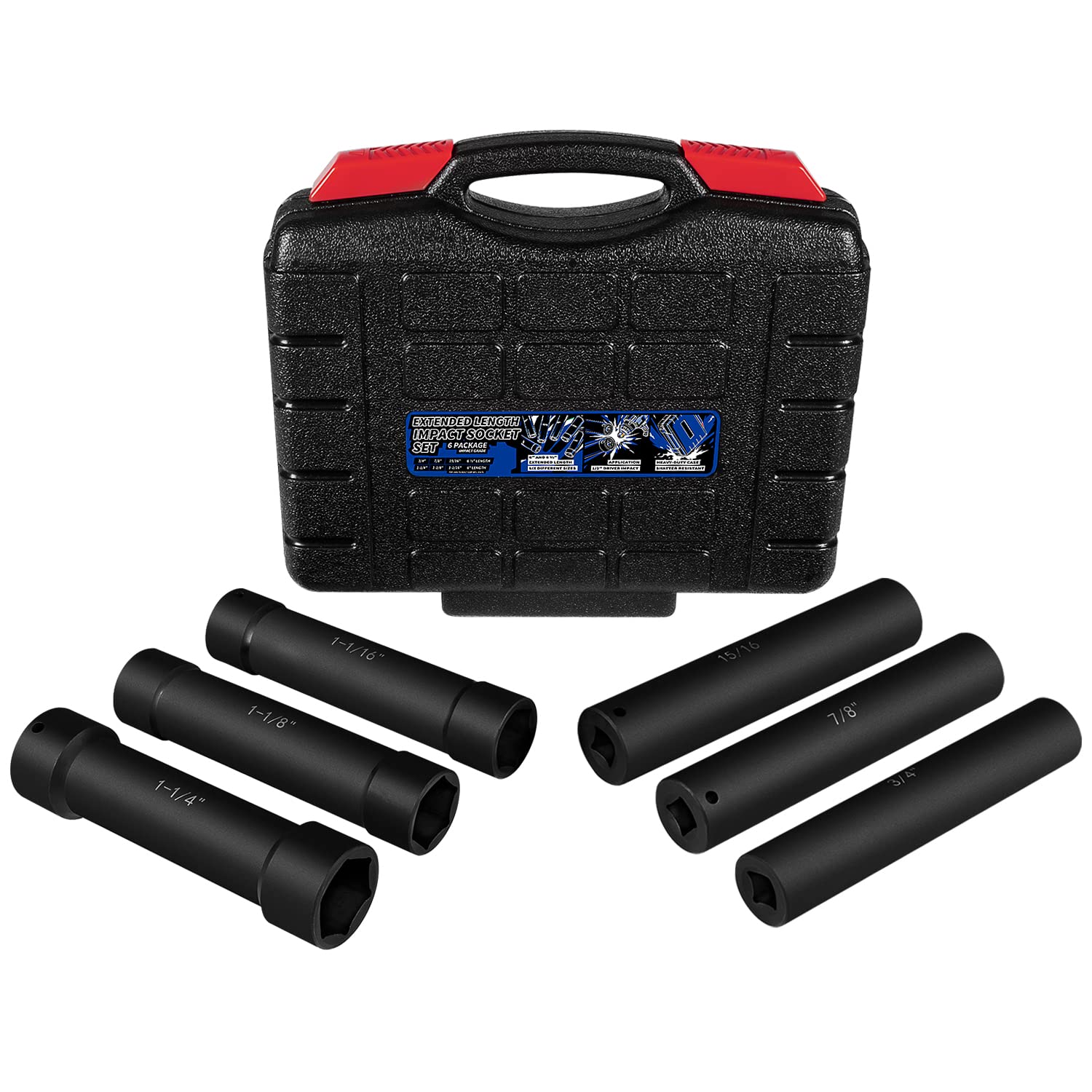 Juego de llaves de impacto de longitud extendida con funda resistente, incluye enchufes de 3/10.2 cm, 7/20.3 cm, 15/40.6 cm, 1-1/40.6 cm, 1-1/20.3 cm y 1-1/10.2 cm