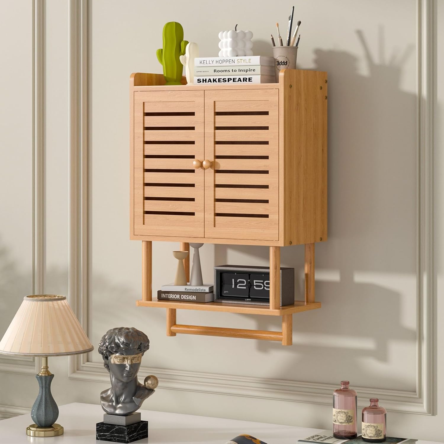 Bathroom Wall Cabinet, Over The Toilet Storage Cabinet with Adjustable Shelves, Medicine Cabinets with Towel Bar, Bamboo Wall Mounted Hanging Cabinet with 2 Door for Laundry Room, Bedroom