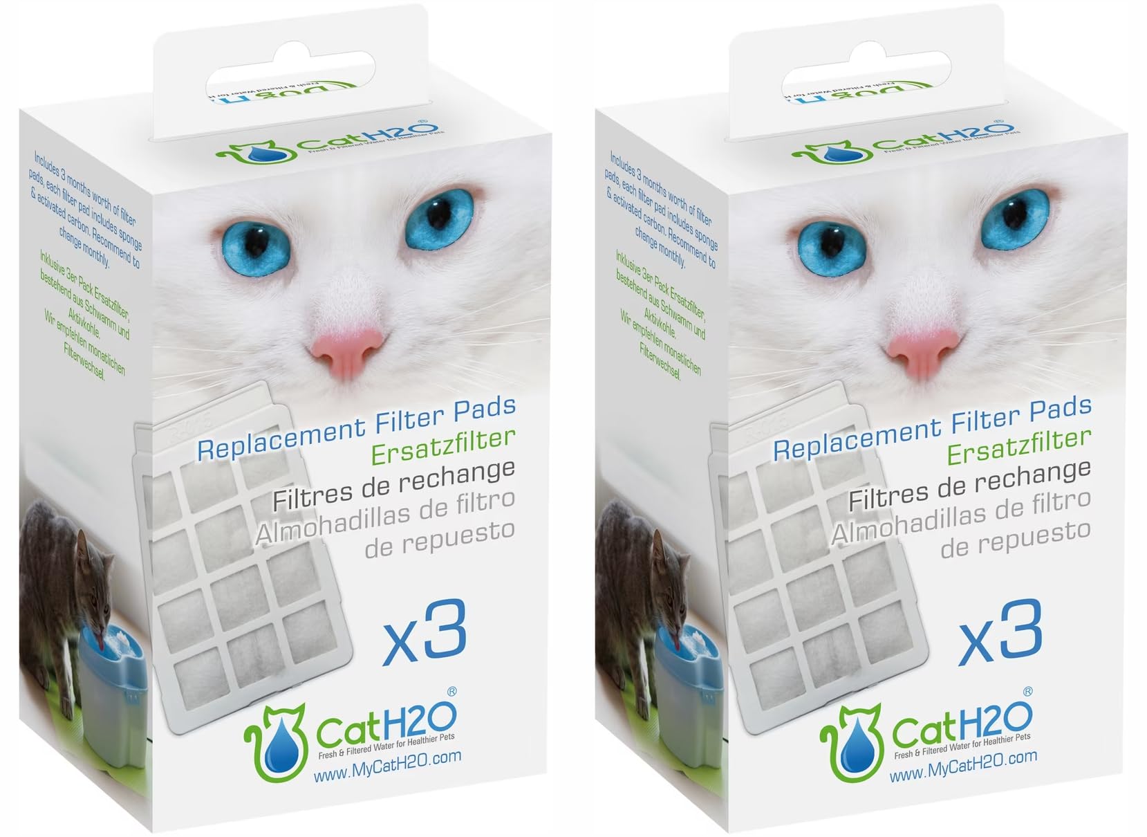 Cat H2O &amp; Dog H2O Replacement Filter Pads 6 Count (3 Pack x2) Compatible with Pet Water Fountain Mini &amp; Tornado Models Sponge &amp; Activated Carbon Filtration