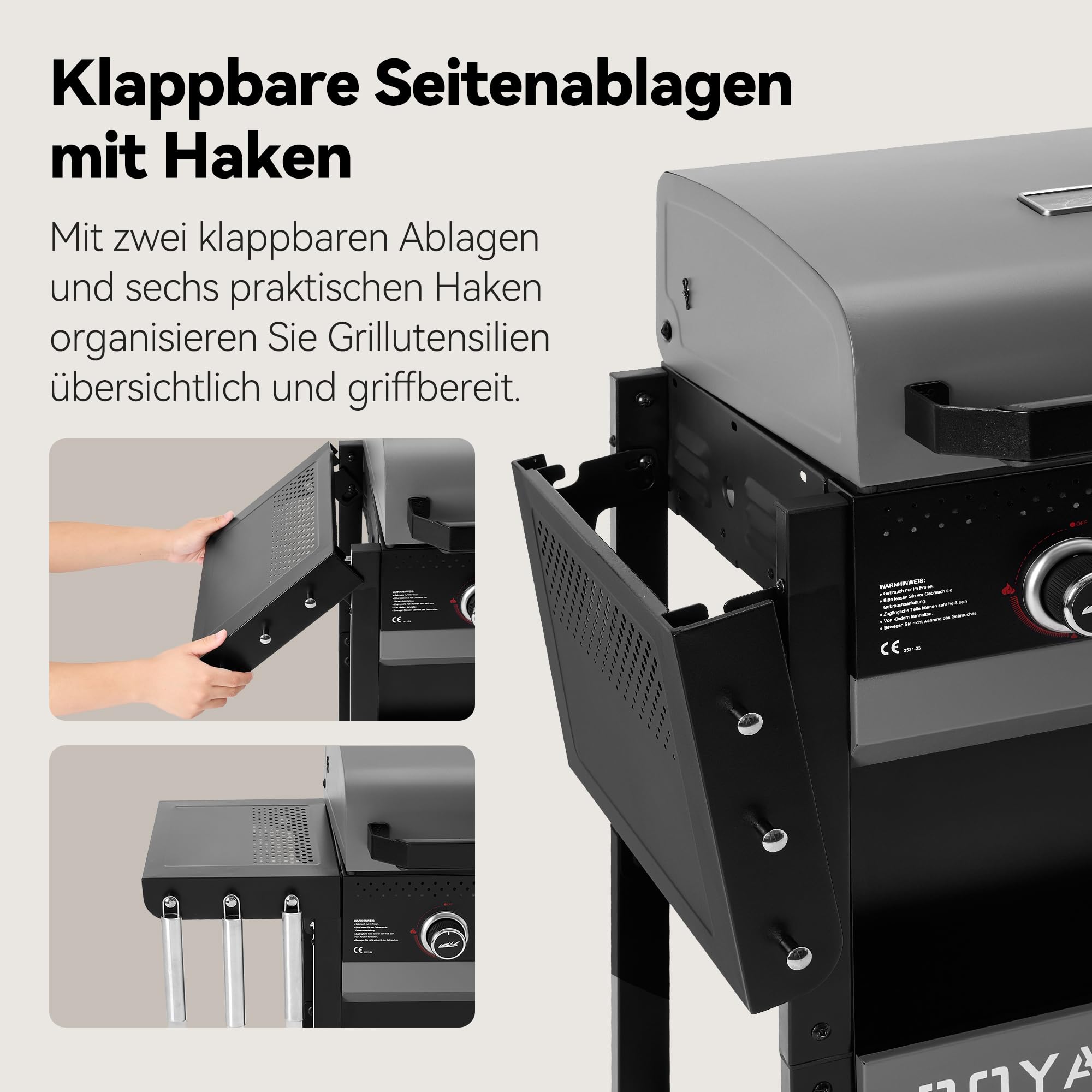 Royal Gourmet 2-Brenner Gasgrill 5 kW Grillwagen mit klappbaren Seitenablagen, Ablagekorb, Outdoor Gasgrill für Balkon, Terrasse, Garten und Camping, Grau