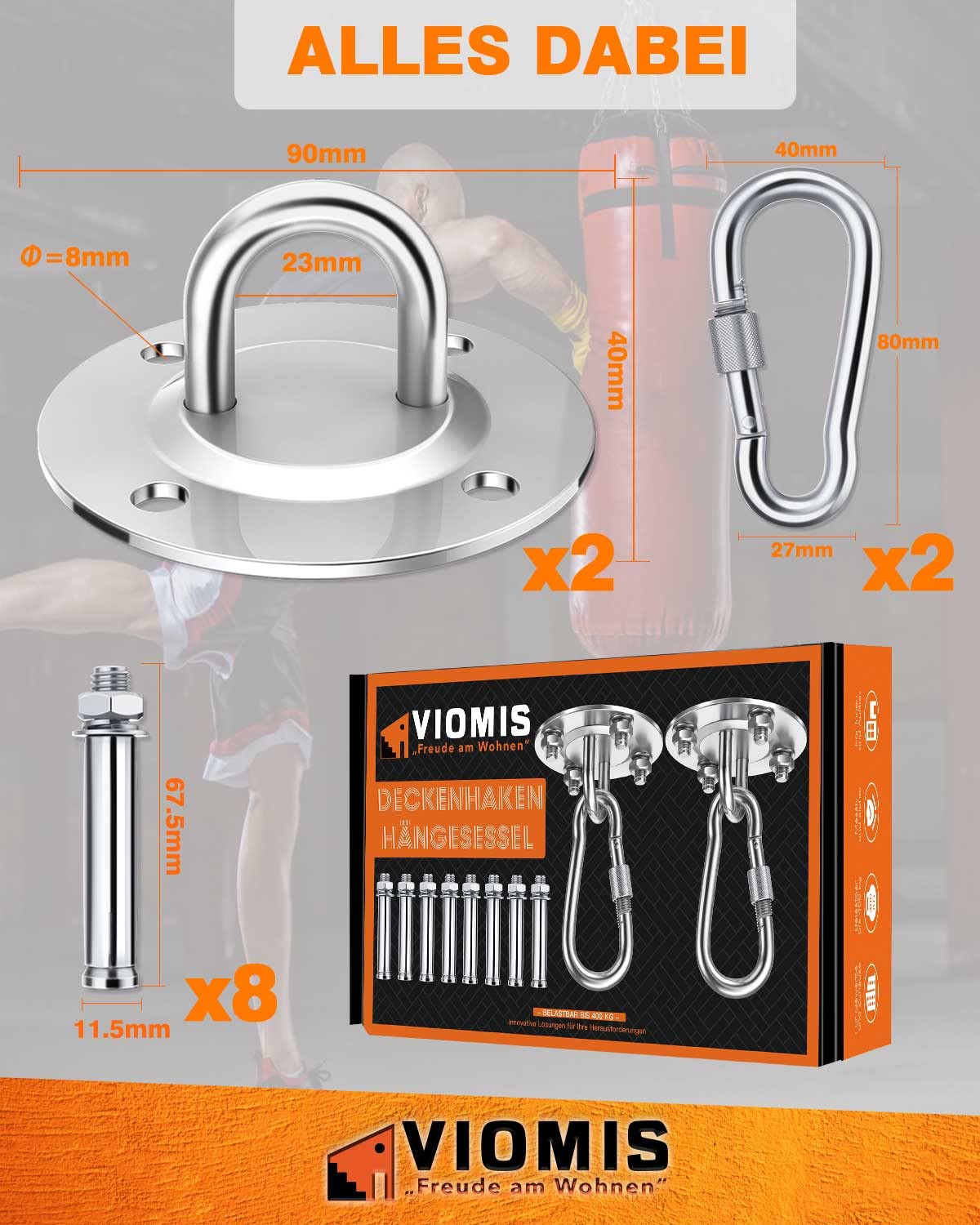 Gancio da soffitto in acciaio inox per sacchi da boxe [set da 2] – Portata 400 kg – Supporto per sacco da boxe – Ideale supporto da soffitto per sacco da boxe
