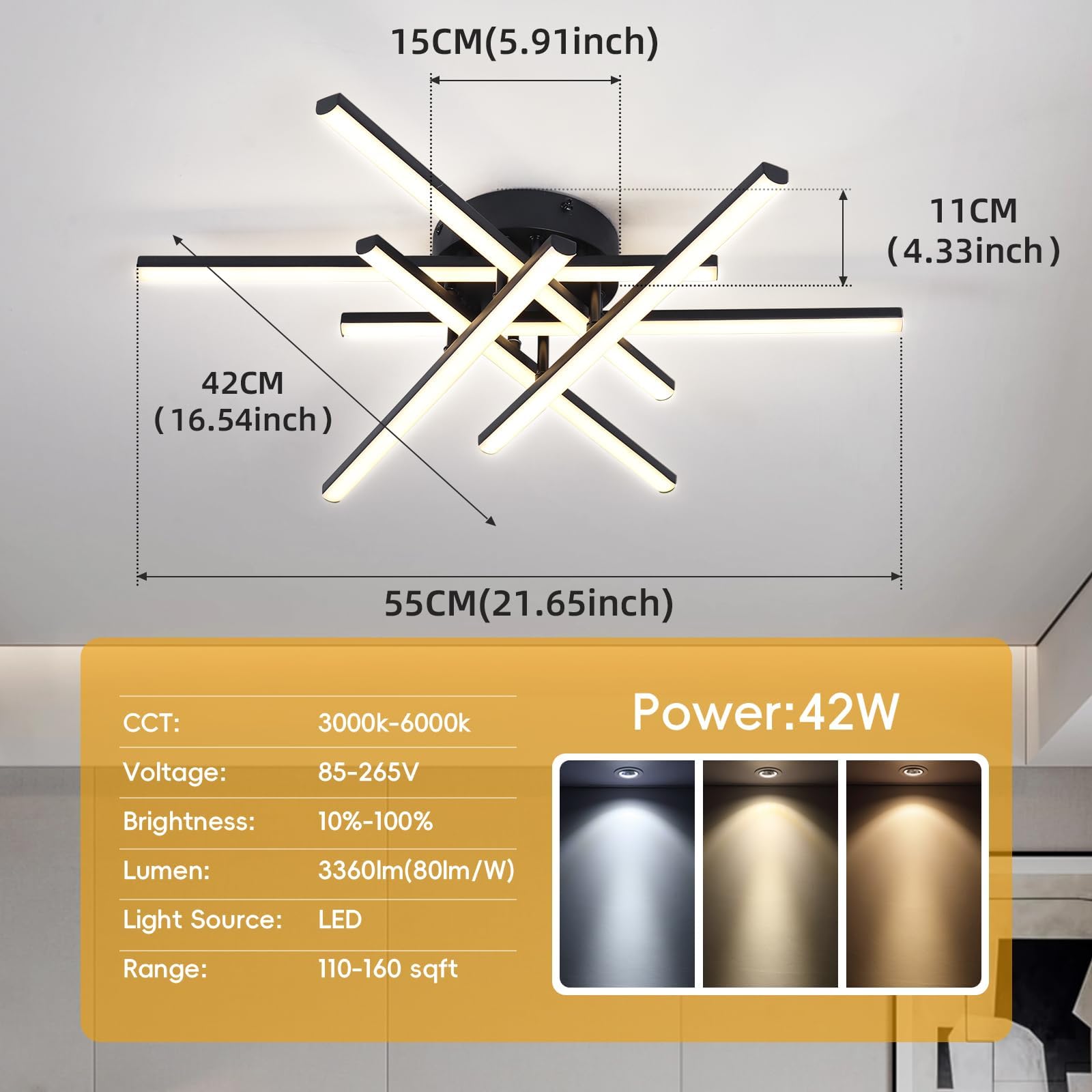 SHIGUANG Modern Ceiling Light, 4-Square Ceiling Light Fixture LED Black - View #8