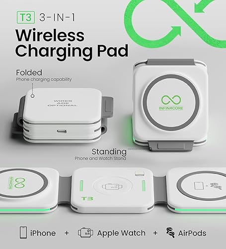 Miniatura 2 de InfinaCore Almohadilla de carga inalámbrica T3 Tri-Charge - Estación de carga 3 en 1 compatible con iPhone, AirPods y Watch - Carga rápida de hasta