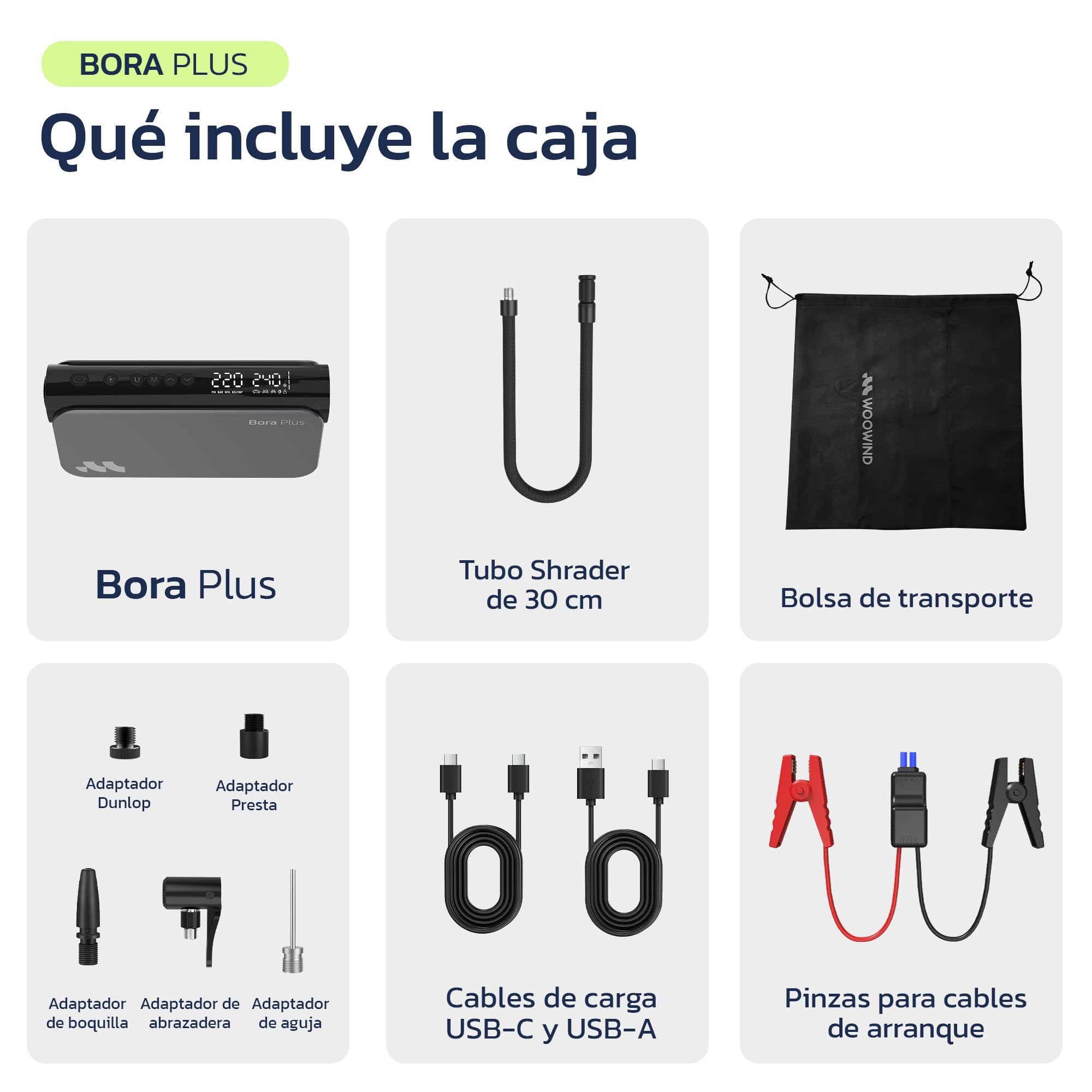 Woowind Arrancador Baterías, Compresor de Aire, Power Bank, 10,3 BAR | Compresor De Aire, Power Bank 65W, Booster Batería 12V, Inflador De Ruedas, Cargador 16000mAh