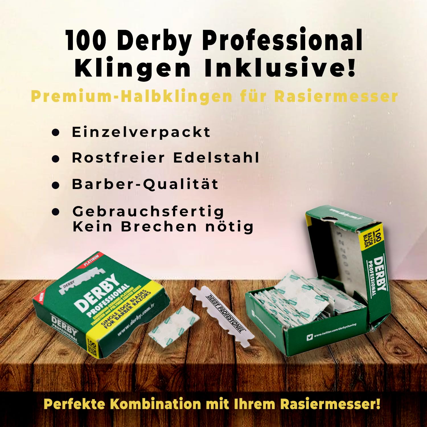 Ustura golarka męska z wymiennymi ostrzami Straight Razor + 100 ostrzy Derby Shaving, zestaw do golenia na mokro