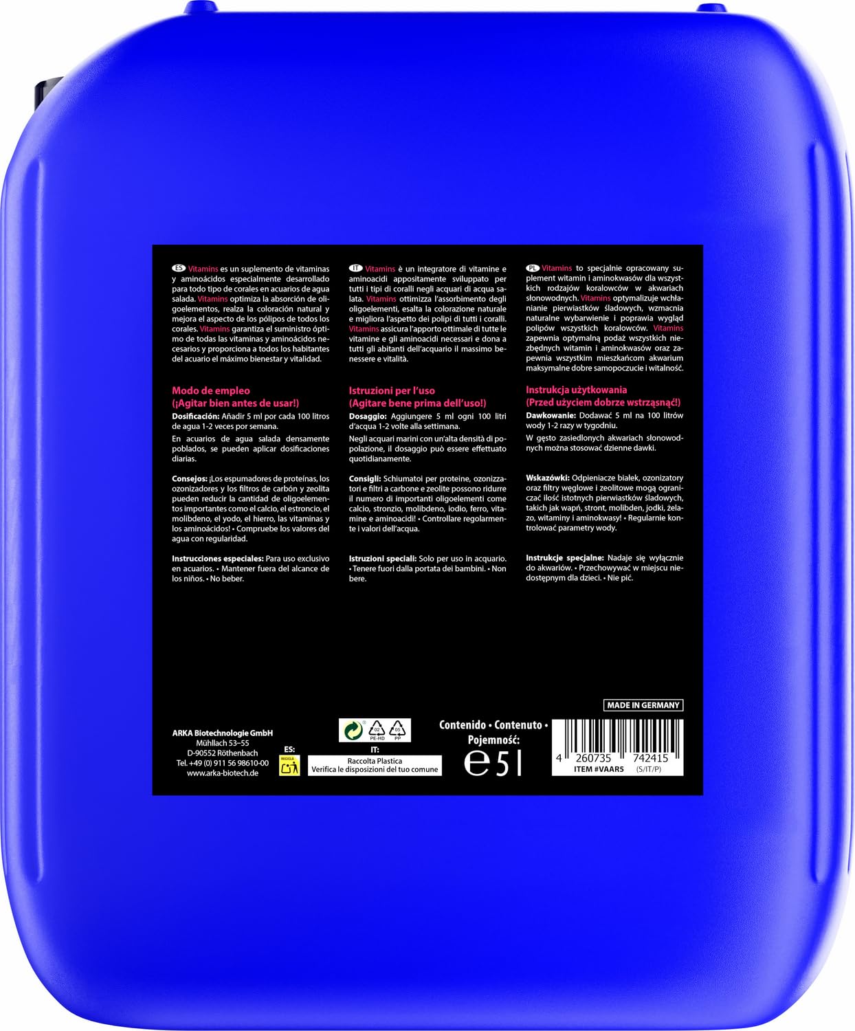 ARKA Vitamins - 5000 ml - Suplemento multivitamínico Incl. aminoácidos para Peces y corales, promueve la Salud y el Bienestar en el Acuario Marino.