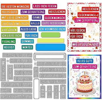 MAYJOYDIY Blessing Labels Metal Cutting Dies German Blessing Words Cutting Dies Birthday Greetings Metal Embossing Template for DIY Scrapbooking Album Wedding Invitation Birthday Card