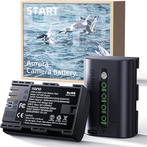 llano Batería Aurora LP-E6P de 2600 mAh  Totalmente descodificada para Canon EOS R5R6R7 Mark II, 5D6D7D Mark IIIIIIV, 60D70D80D90D, pantalla LED