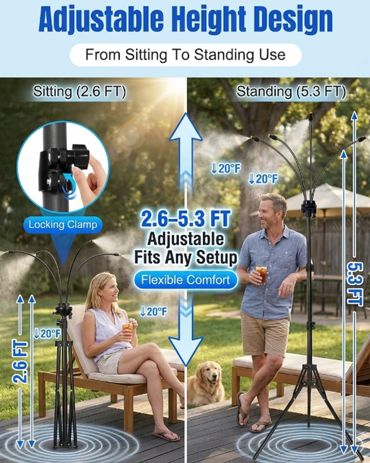 Adjustable Outdoor Misting Cooling System Standing Patio Mister Portable Hose Water Spray 360 Degree Flexible Height Leakproof Durable Backyard Pool Garden Cooling Tower Stand Kit(2sets)