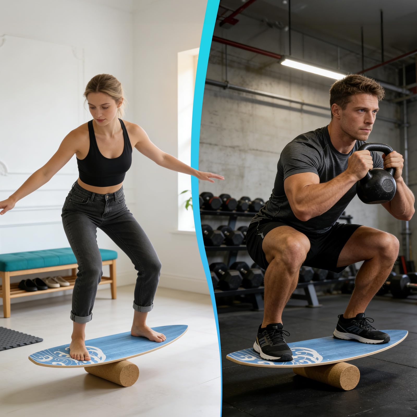 Surf Balance Board Trainer, Balanceboards Holz für Erwachsene Surf Core-Training, Fitness, Indoor Surfboard und Gleichgewichtsboard mit RolleHalbkugel und Balance Ball für Kinder Erwachsene