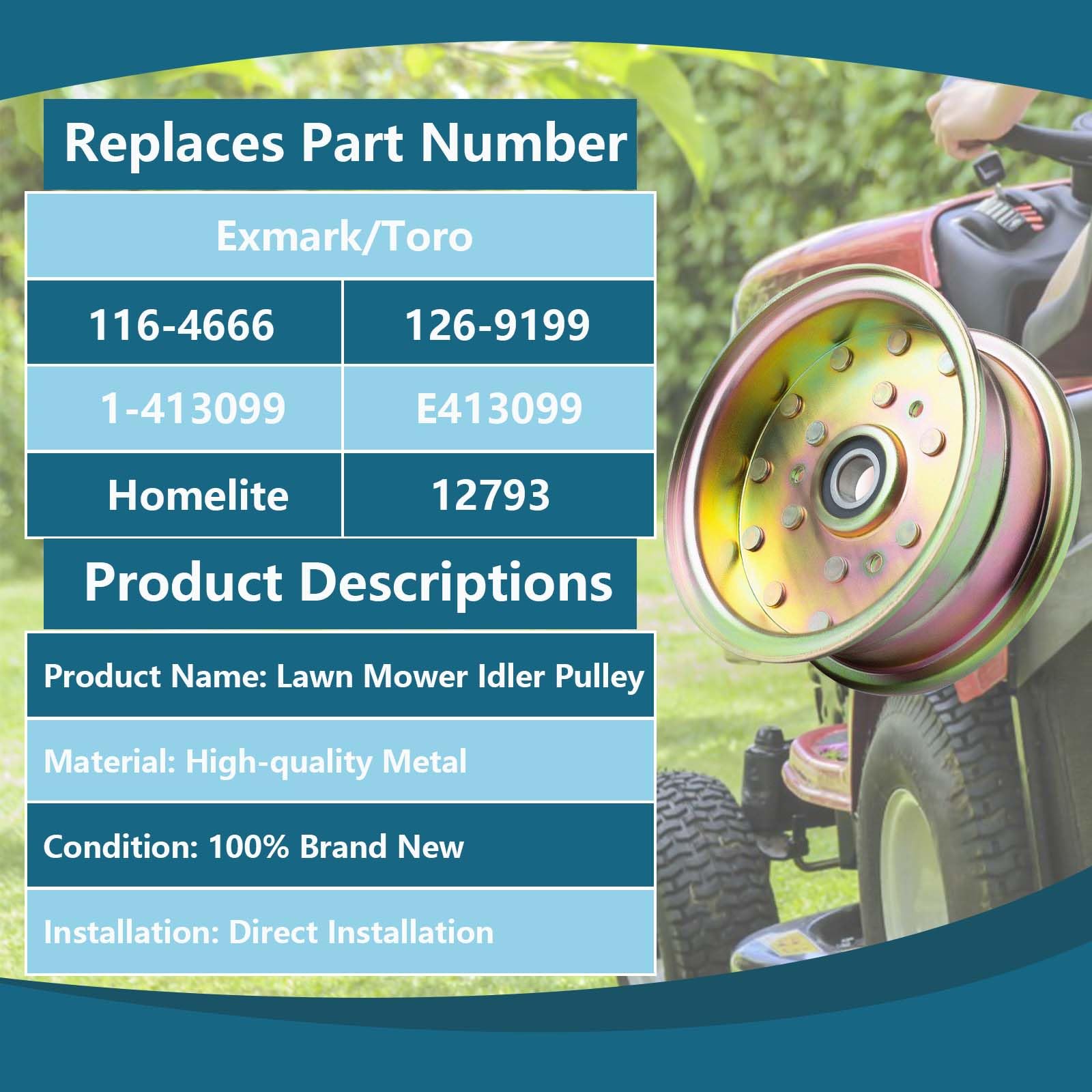 Ricambio Puleggia 1-413099 116-4666 Puleggia Piana In Acciaio Per Tagliaerba Exmark/Toro - Compatibile Con Lazer Z CT/HP, Metro HP, Turf Ranger Puleggia Tosaerba Lazer Z