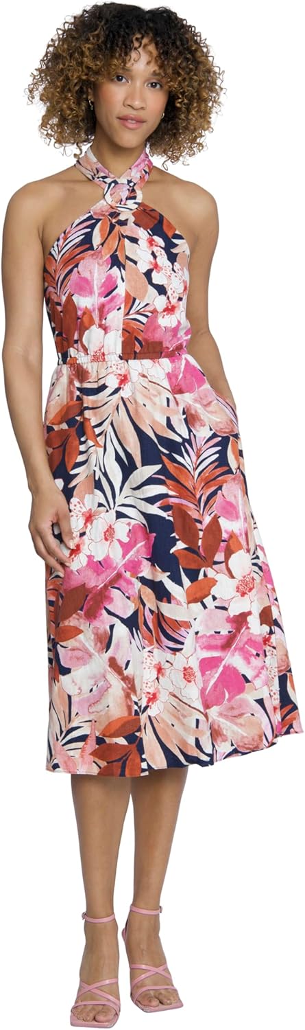 Maggy London Women's Dresses Tropical Floral Print Halter Midi Dress with Cinched Waist