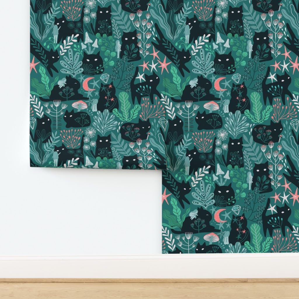 Peel & Stick Wallpaper 3ft x 2ft - Green Forest Cats Fairy Girl Elves Kitty Summer Spring Kitten Baby Kid Custom Removable Wallpaper by Spoonflower