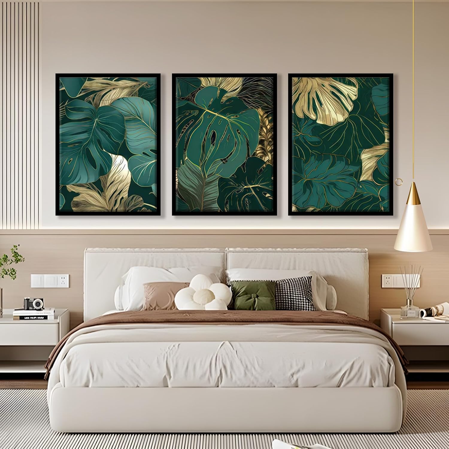 Framed Gold Green Wall Art Set of 3 Tropical Botanical Picture Emerald green Leaf Painting Prints Wall Decor with Black Frame Modern Plant Poster for Living Room Bedroom Bathroom Office 12x16Inch