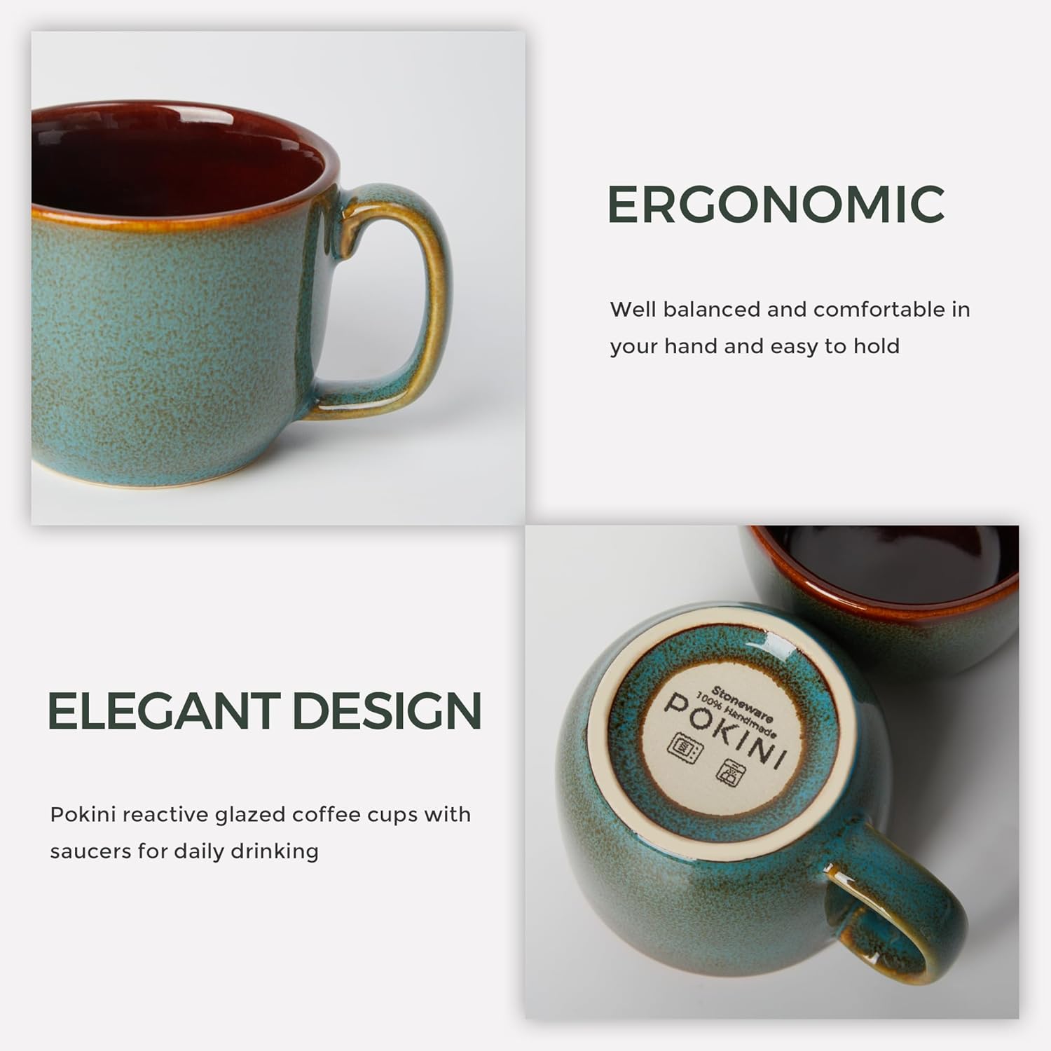 Stoneware Coffee Cups with Saucers, 6 Oz Cappuccino Cups Set of 4, Microwave & Dishwasher Safe, Perfect For Tea, Espresso, Latte, Ceramic Mugs for Kitchen or Cafe, Brown Green