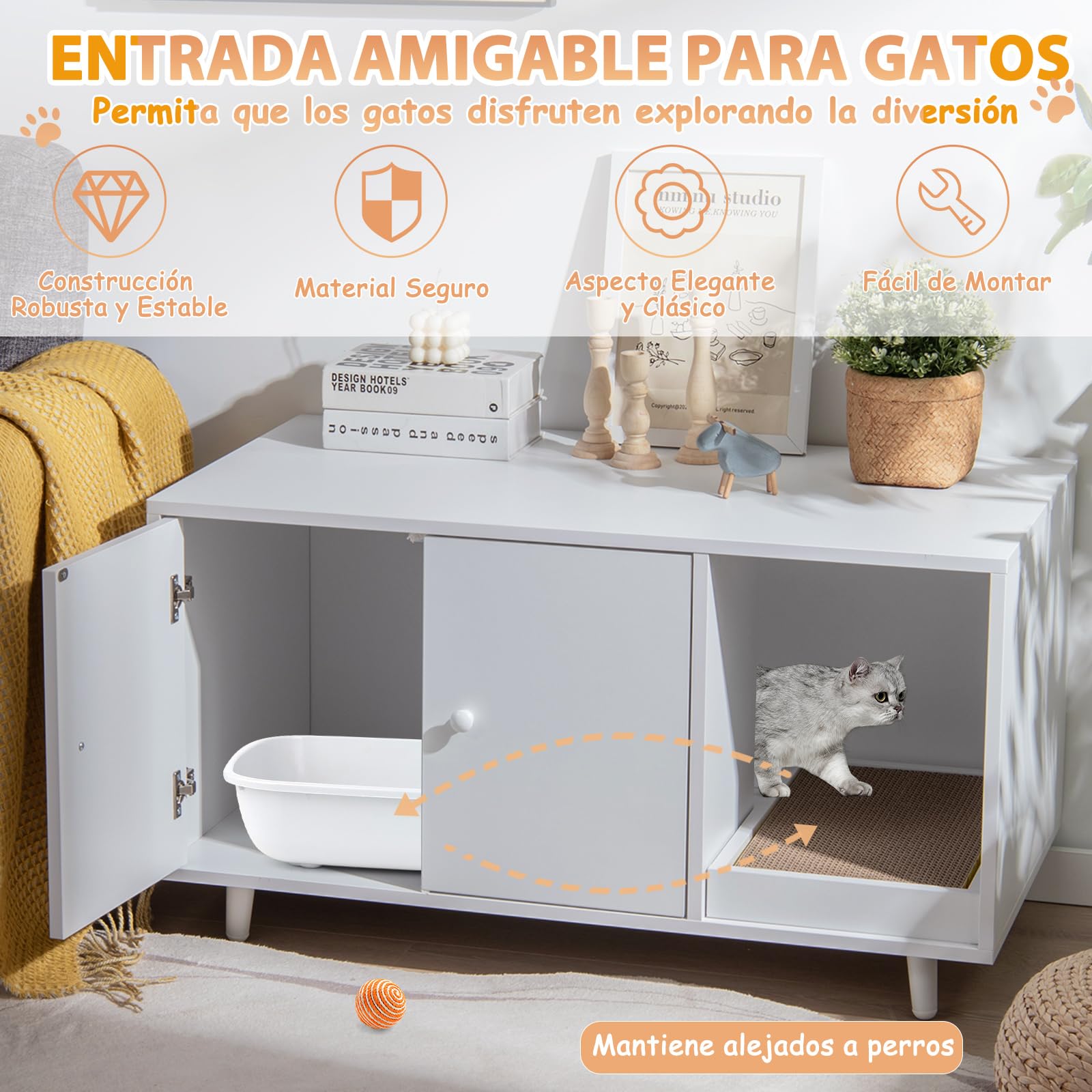 COSTWAY 3 en 1 Casa para Gatos con Rascador Extraíble, Mesa de Centro Auxiliar de Madera, Cueva para Gatos con 2 Puertas, Mueble Arenero de 90 x 50 x 50 cm (Blanco)