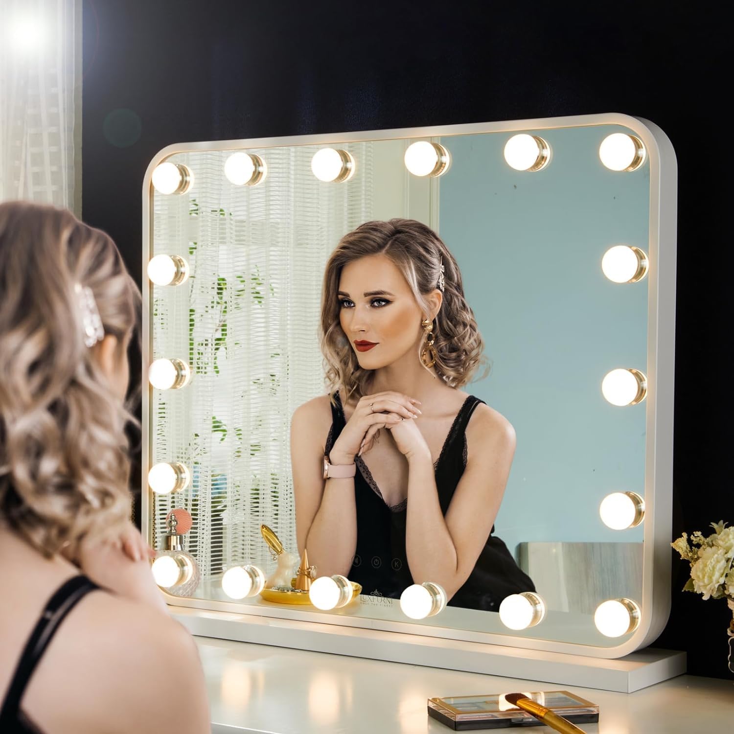 LUXFURNI Vanity Mirror with Lights, Makeup Mirror with Lights 18 Dimmable Bulbs, Hollywood Lighted Mirror for Bedroom, Touch Control, 3 Color Lighting Modes, White — image 1
