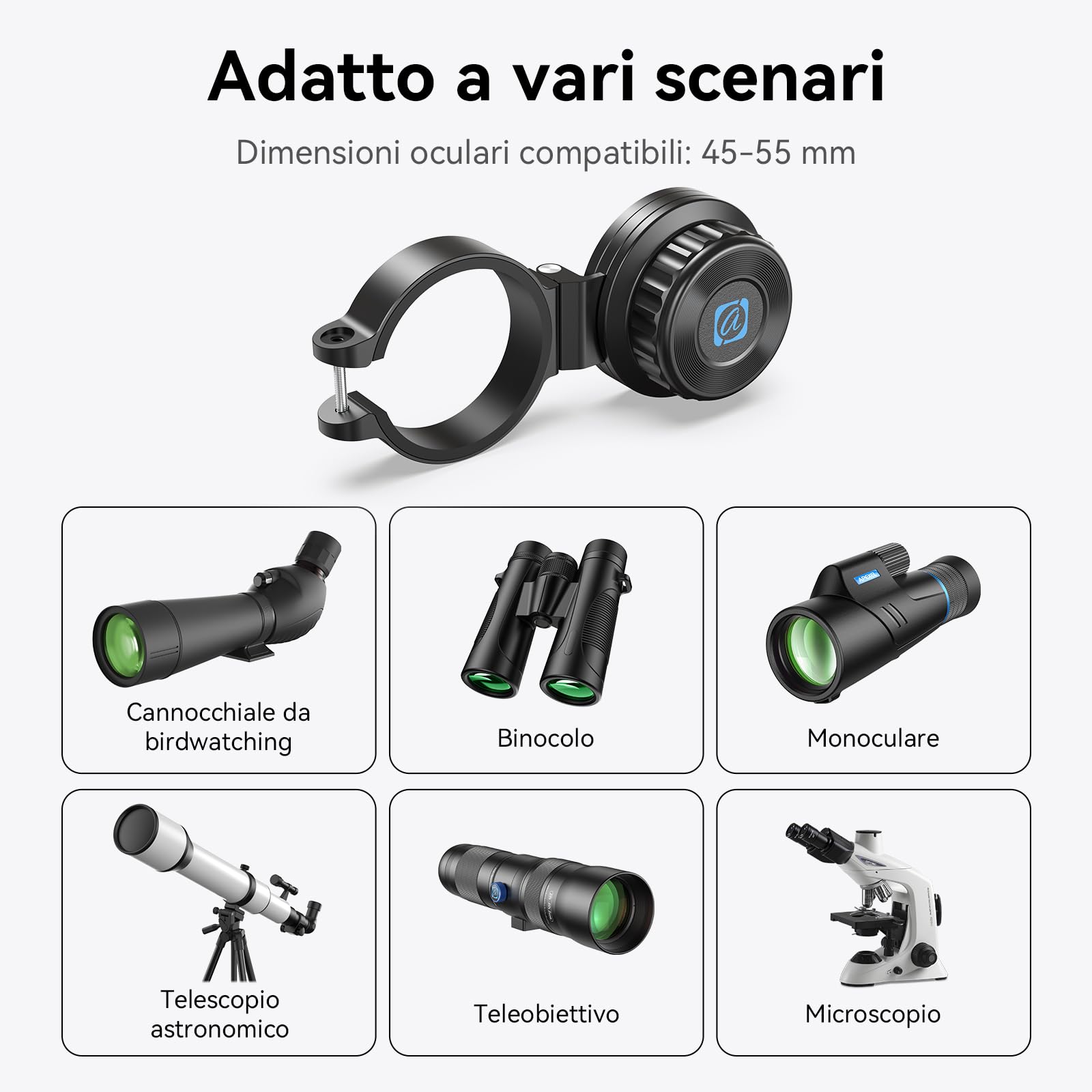 APEXEL Adattatore magnetico universale per smartphone per binocoli, telescopi, cannocchiali e microscopi. Adattatore oculare 45-55mm, compatibile con la maggior parte dei cellulari