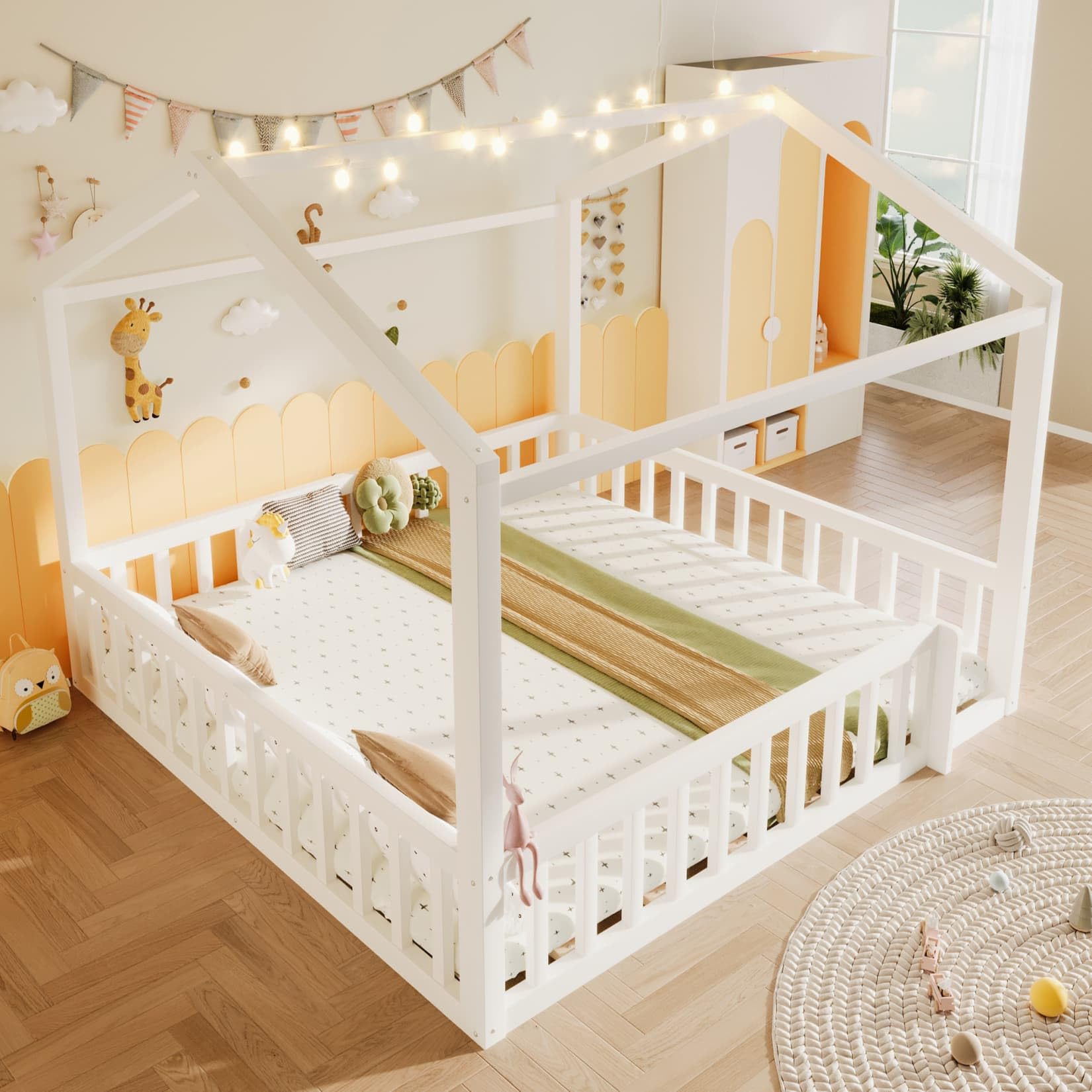 Lit Cabane 90x190cm*2/180x190cm en Pin,Lit au Sol Montessori 2 Places avec Éclairage LED,Barrières Hautes,Sommier à Lattes Robuste,pour Garçons Filles(Blanc 2, 90x190)