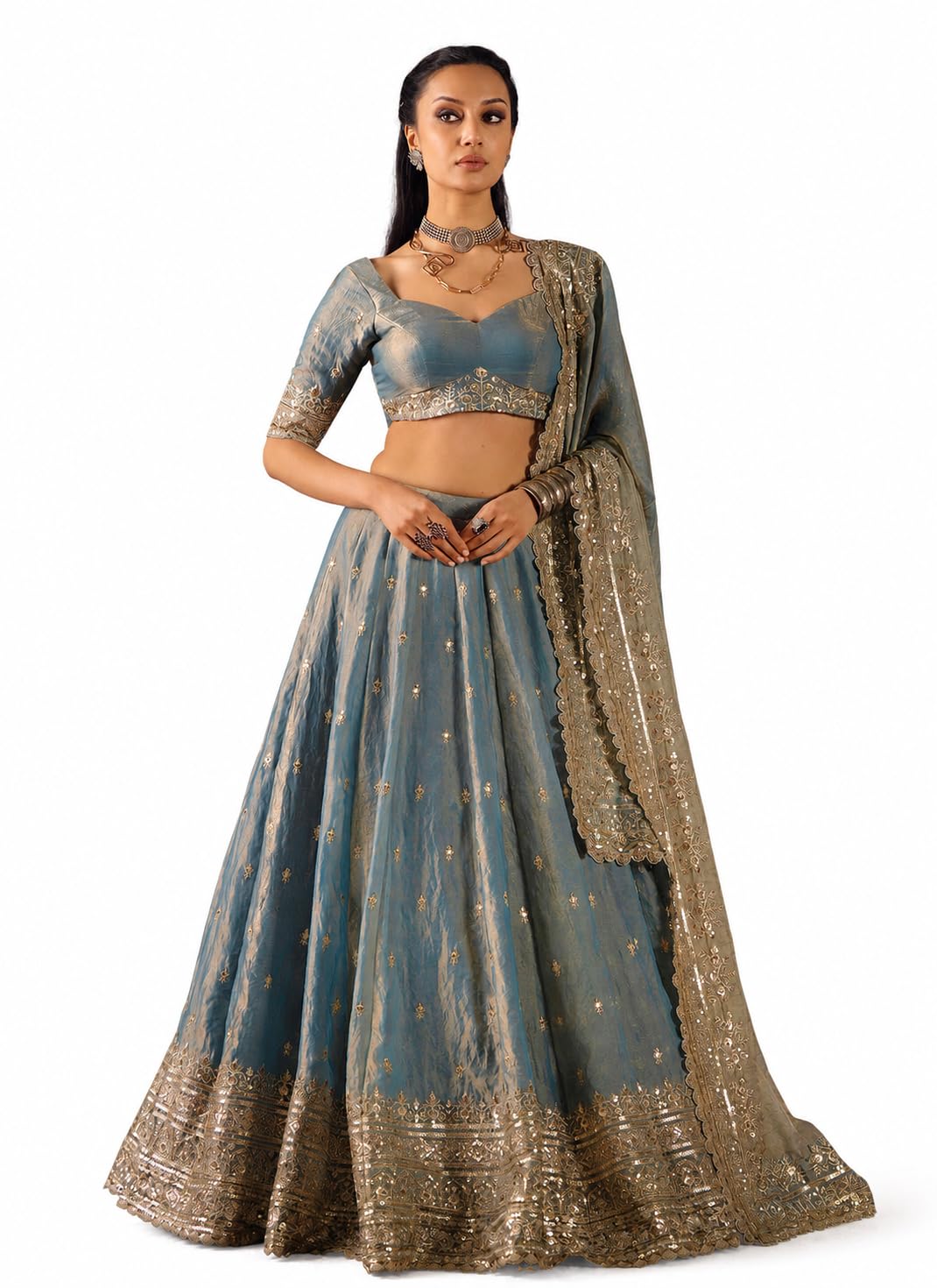 jihu culture Women's Sky Blue Fandy Silk Semi-Stitched Lehenga Choli with Dori Zari & Sequence Embroidery Work-picture-15