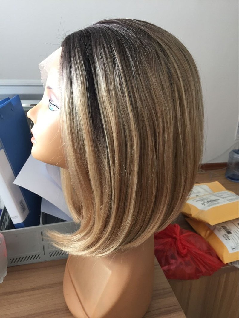 White Women ombre blonde short bob wigs synthetic lace front wigs short haircut heat resistant fiber hair in stock