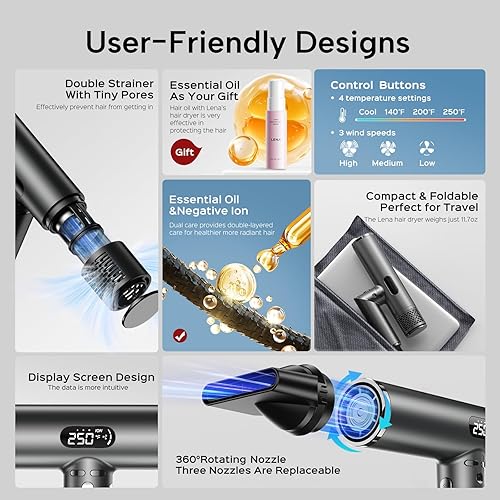 Miniatura 7 de Lena F10 - Secador de pelo difusor, de alta velocidad, con tecnología iónica, ligero y portátil, temperatura y velocidad ajustable, bajo ruido y
