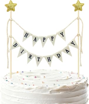 Happy Birthday Cake Topper Birthday Bunting Banner Cake Decoration with Gold Stars for Boys Girls Party Cake Decorations Supplies