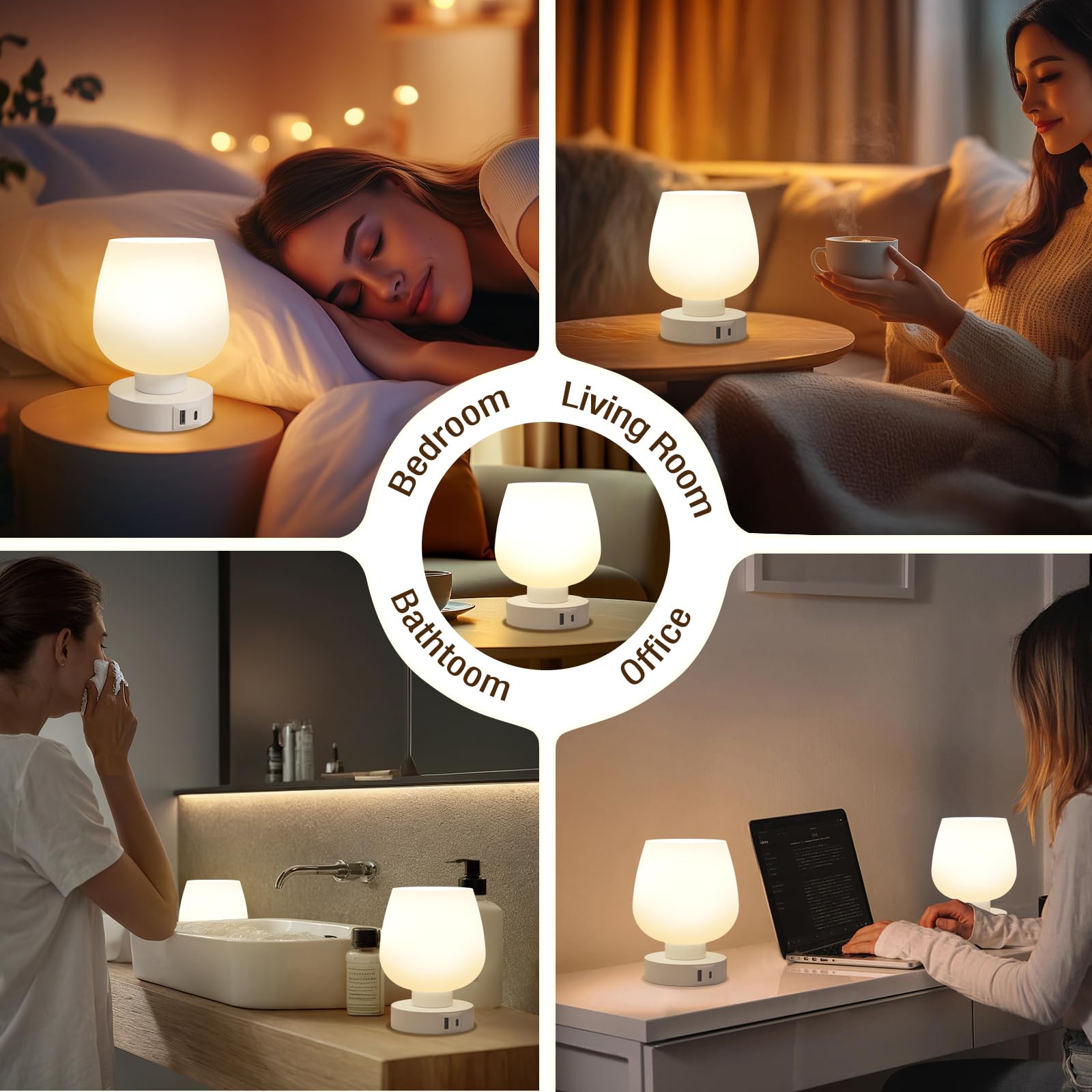 Touch Tischlampe für Nachttisch 2er Set - Nachttischlampe mit USB C+A Ladeanschlüssen für Schlafzimmer Wohnzimmer Nachttische, Schreibtischlampe mit weißem Glasschirm für kleine Räume, 3 Wege Dimmbar
