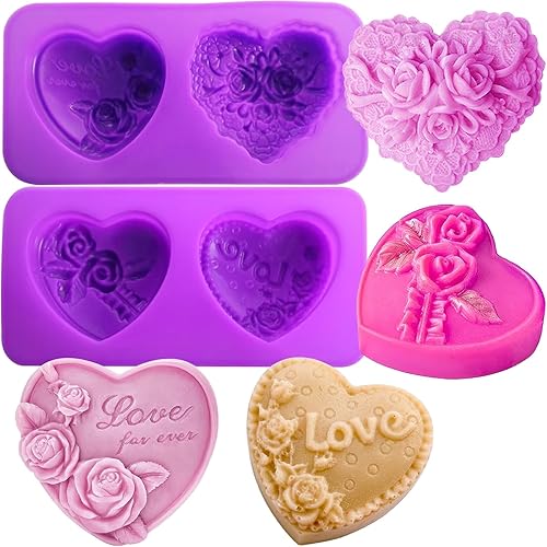 AITRAI - Moldes de jabón de silicona con forma de corazón, 4 tipos de flores 3D, moldes de jabón de corazón para hacer jabón, pasteles, dulces,