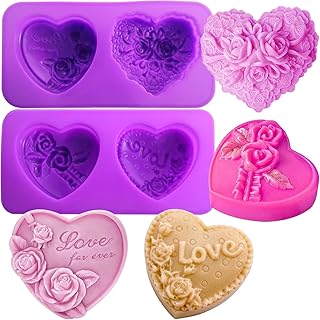Rose Silicone Molds, AITRAI 4 Types 3D Rose Heart Silicone Molds Heart Soap Molds for Soap Making Cake Candle Chocolate Dessert Handmade Gift for Christmas, Purple