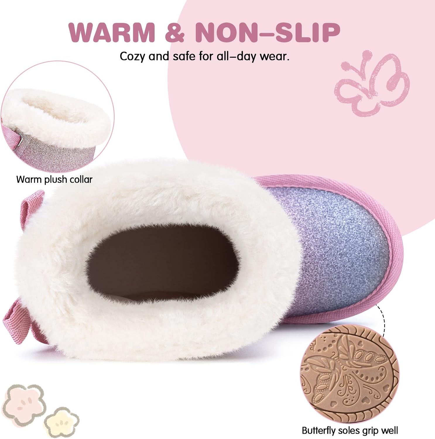 KRABOR Toddlers/Little Girls Boots,Glitter Warm Winter Snow Shoes with Cotton Lining and Cute Bow