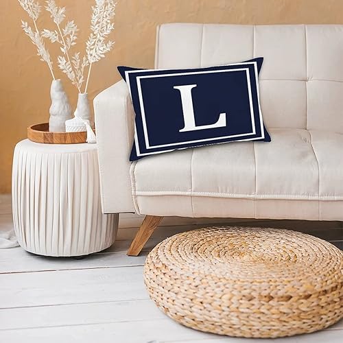 Miniatura 2 de Funda de almohada lumbar con monograma de patrón geométrico de 16 x 26 pulgadas, letra L, monograma azul marino, funda de cojín decorativa,