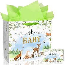 13" Large Neutral Baby Gift Bag with Tissue & Card for Birthdays
