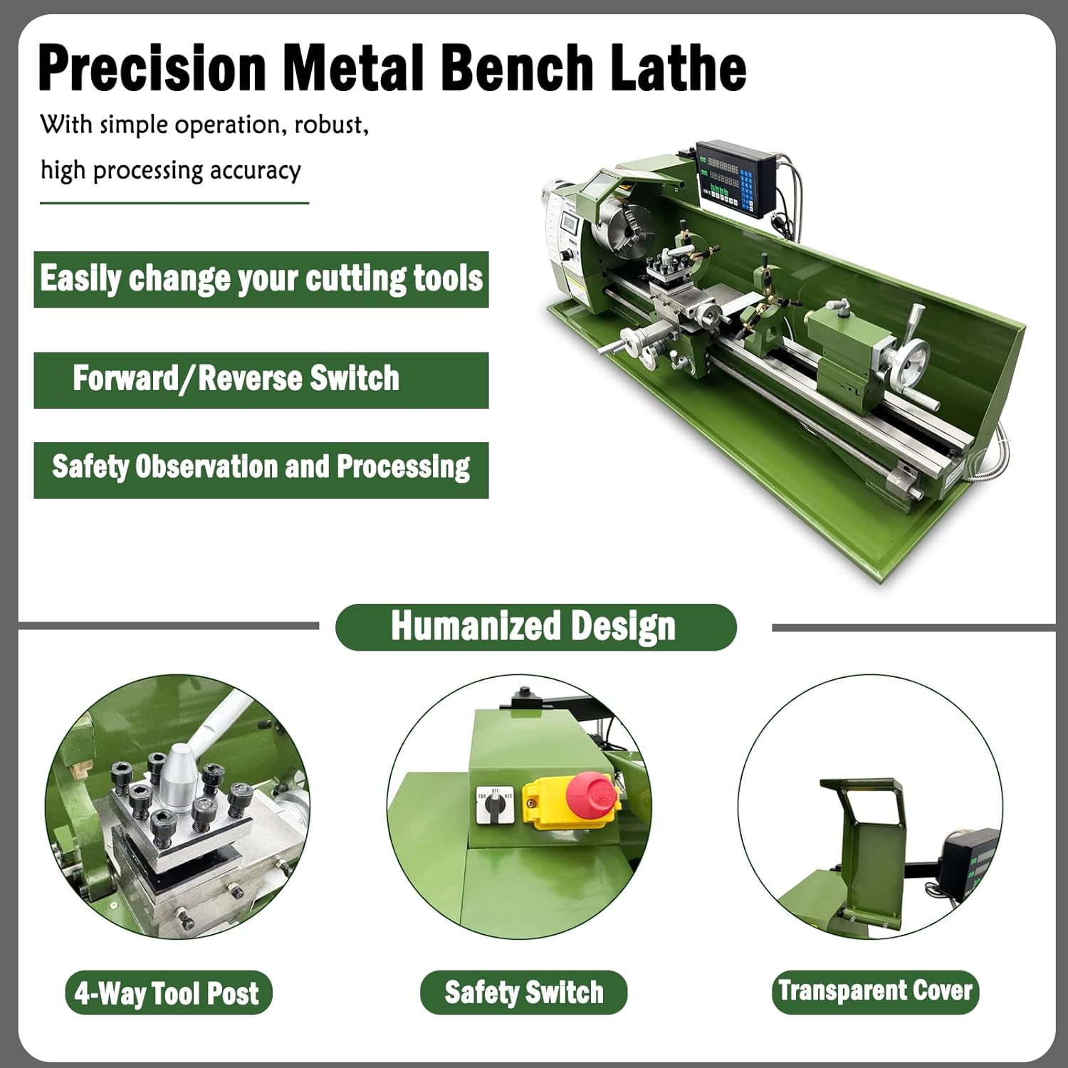 1100W Double Head Double Chuck Precision Metal Bench Lathe 8"×29.5" with Grating Ruler, for Metal Turning 110V