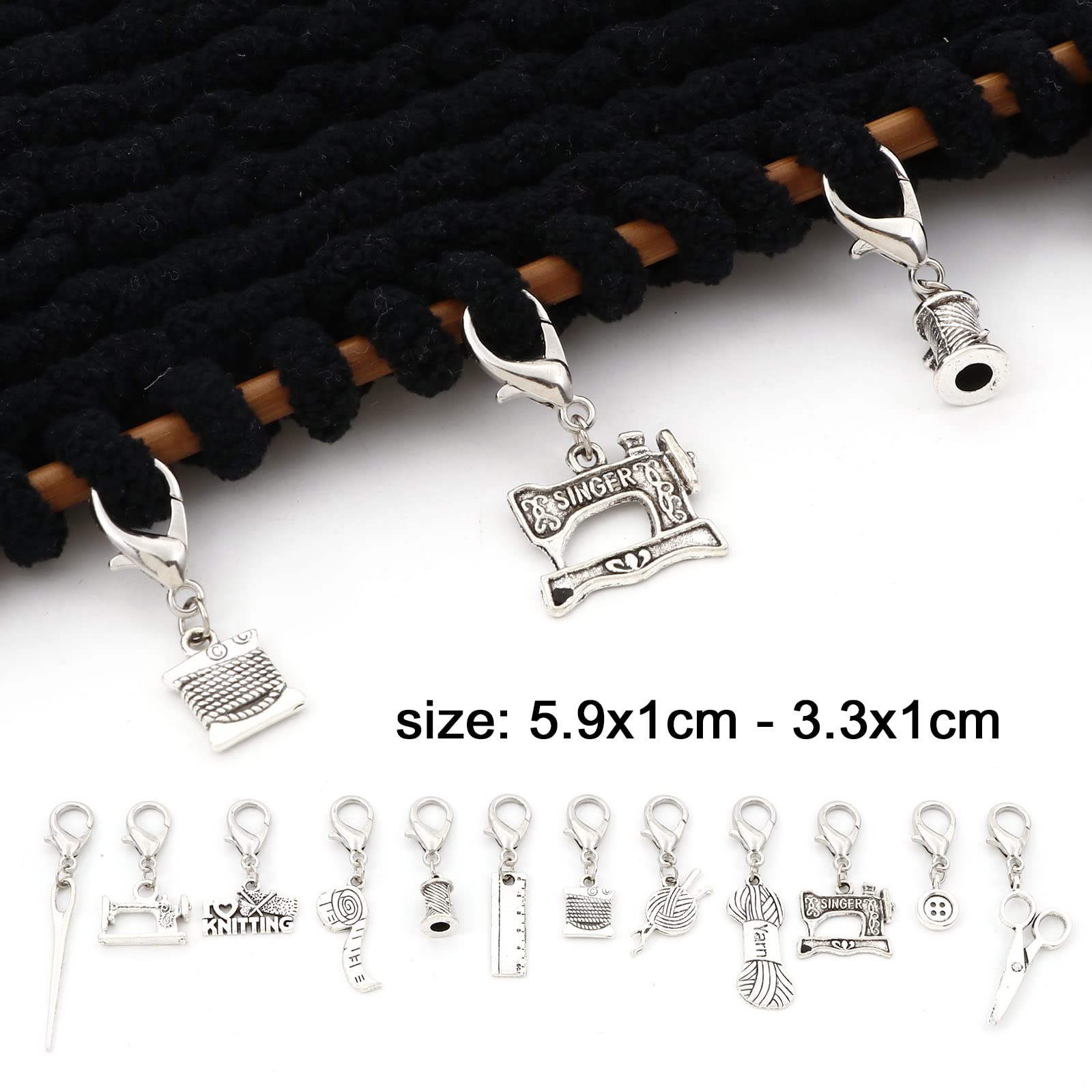 DoreenBeads 12 dijes de marcador de punto temático para ganchillo y tejer, marcador de punto de ganchillo de aleación de bloqueo de plata antigua con cierre de langosta, accesorios de ganchillo para