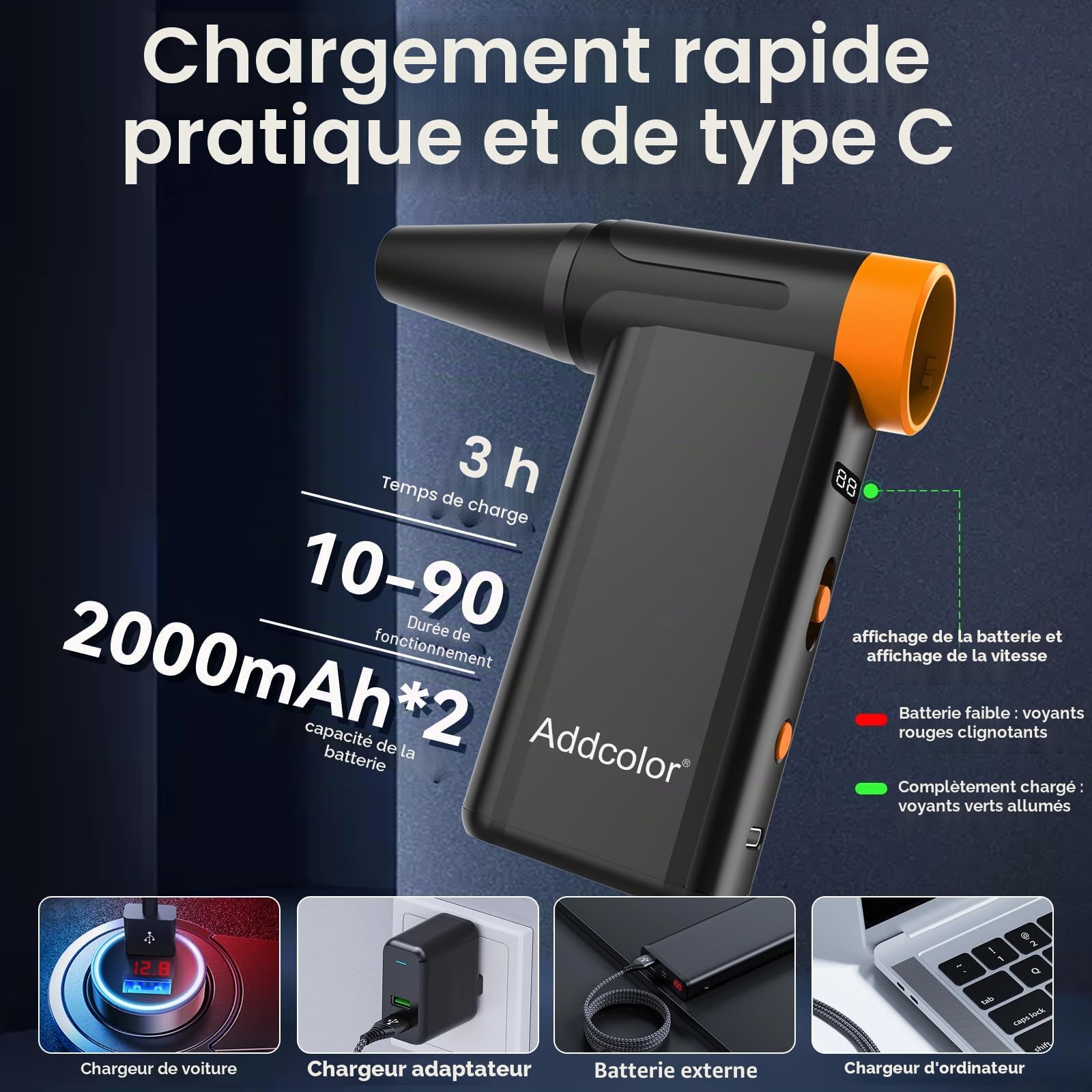 AD51 Plumeau à air comprimé 2000 mAh avec 8 vitesses réglables, 106770 tr/min avec écran – Souffleurs portables pour clavier, ordinateur, voiture, extérieur, lit gonflable