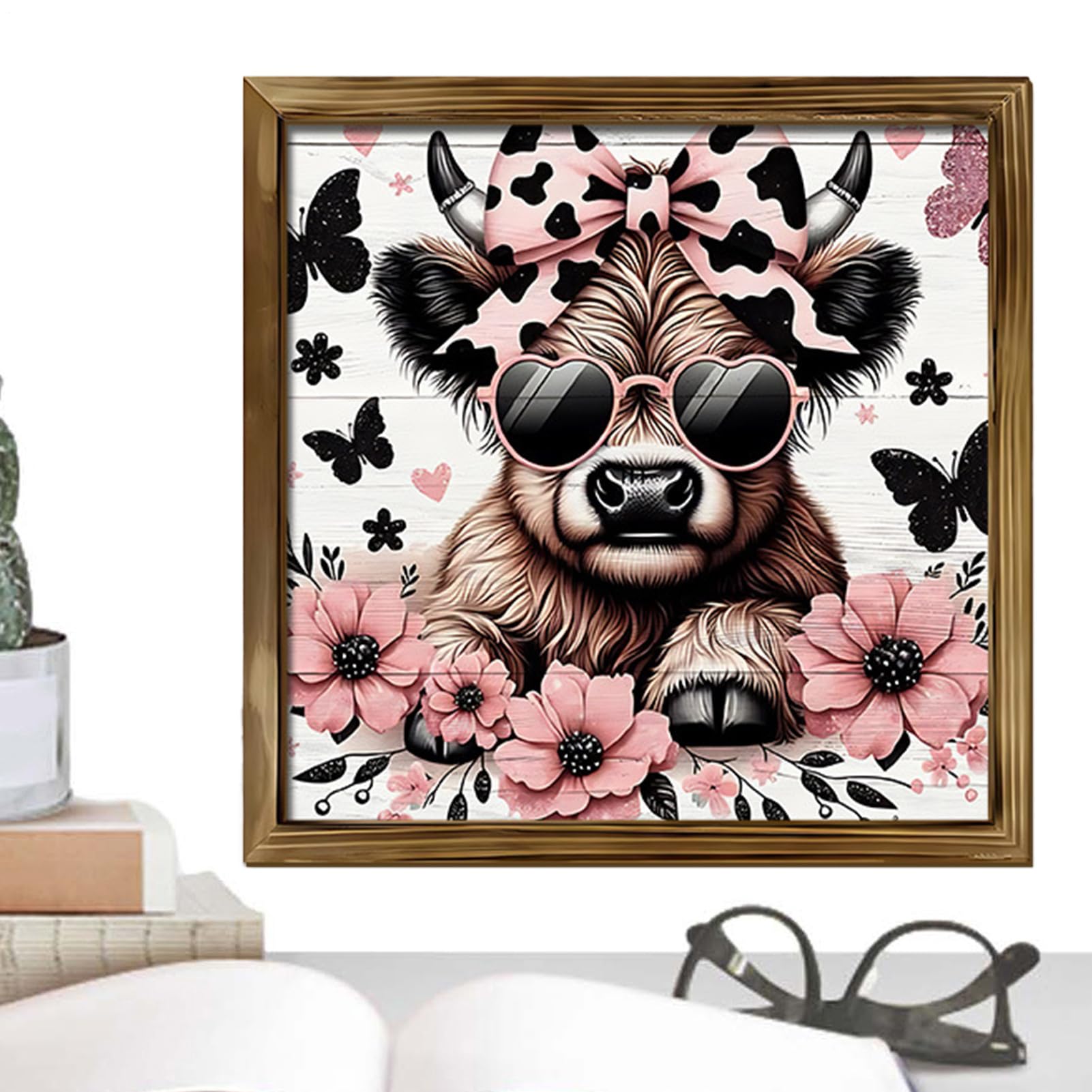 Tableau de vache avec cadre et fleurs rustiques pour salon - 8
